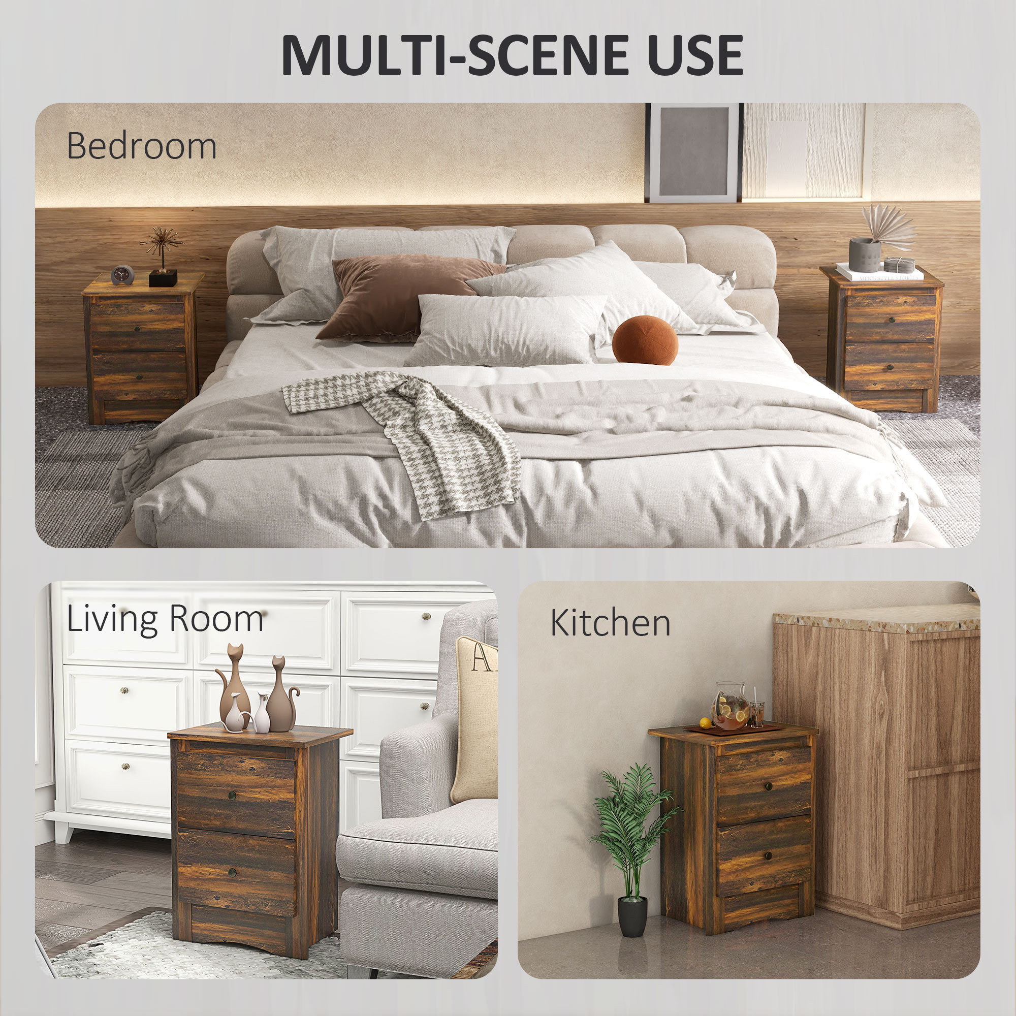  Noptiera cu 2 Sertare in Stil Rustic, Noptiera pentru dormitor din Lemn, 40x30x56 cm, Maro [4]