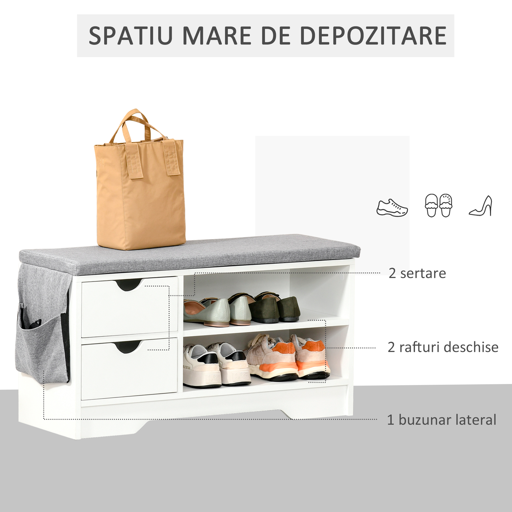  Suport de Pantofi Economie de Spatiu Bancuta Suport de Pantofi din Lemn Alb Mobila Suport de Pantofi [3]