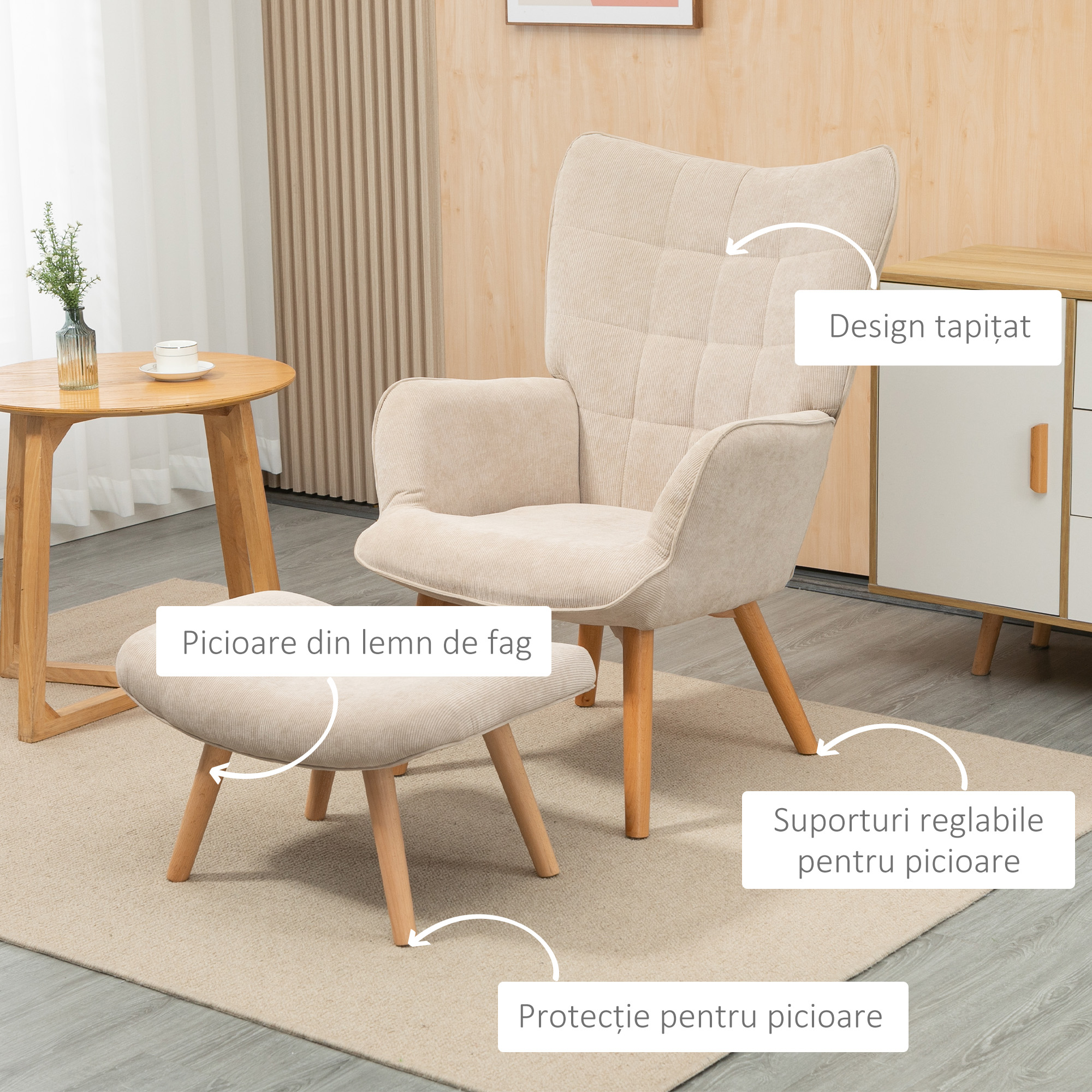  Fotoliu cu Taburet pentru Camera sau Living din Catifea cu Model Crestat , Spatar inalt si Brate, 72x80x101 cm, Bej [4]