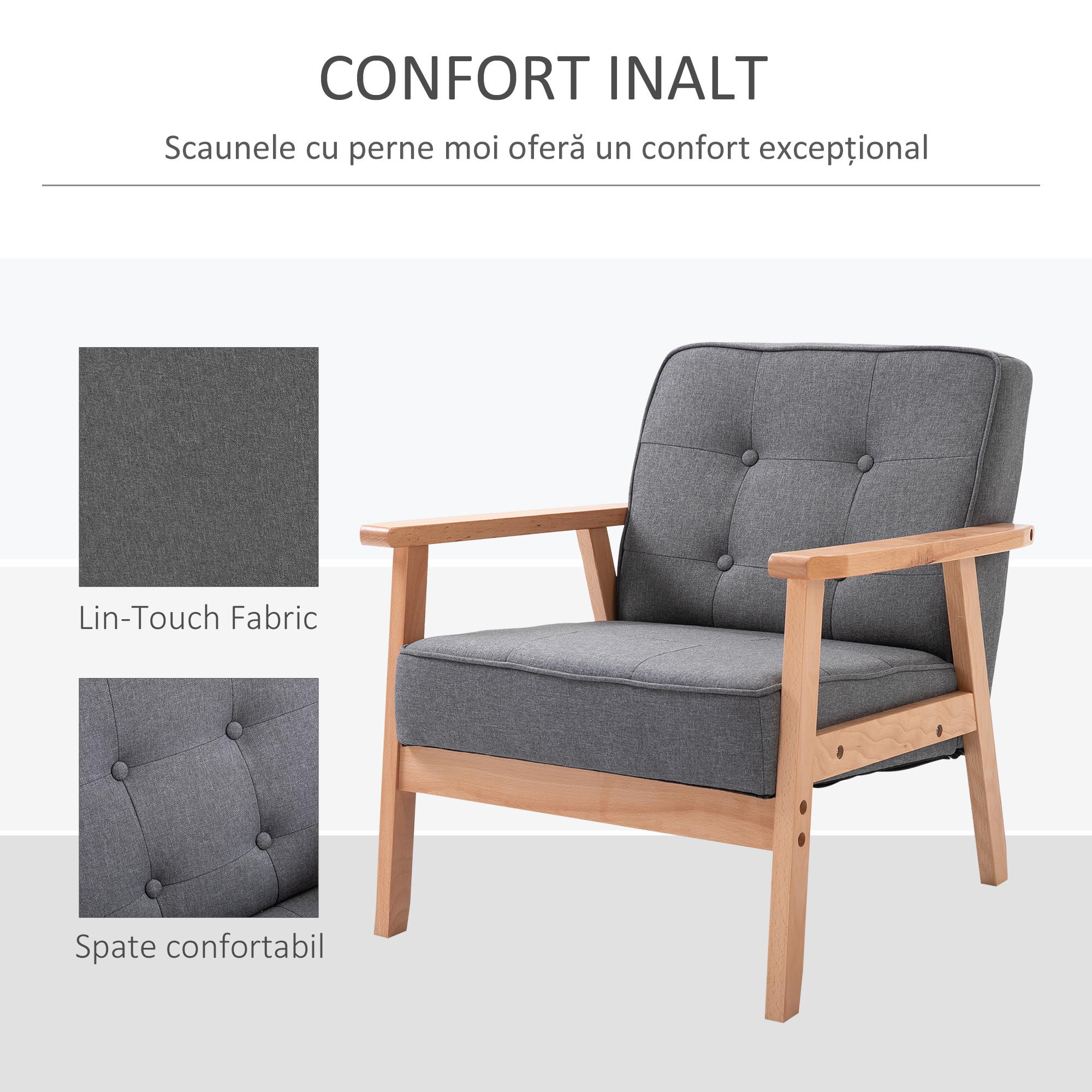  Fotoliu Vintage Stil Scandinav Moale si Confortabil Capitonat cu Butoni, 64,5x70x74 cm, Gri [4]