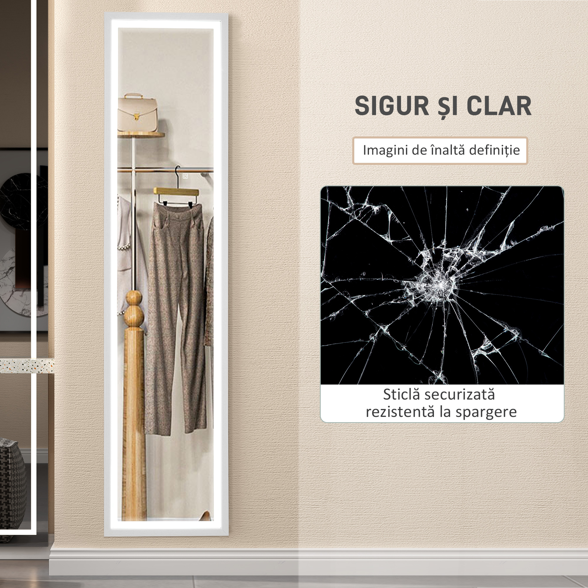  Oglinda iluminata cu lumini LED reglabile si buton tactil, din sticla si MDF, 40x5x160 cm, alba [7]