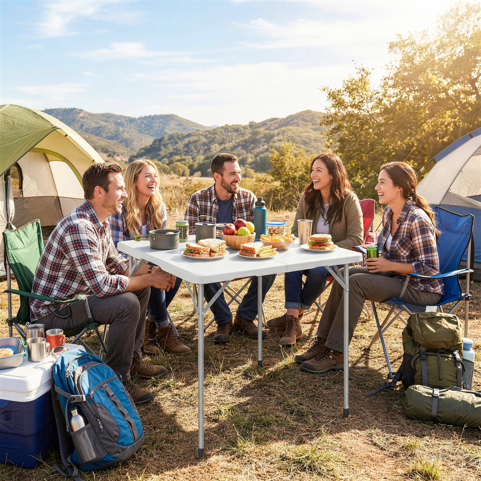  Masa de Camping Pliabila Patrata, din Metal si HDPE, 86x86x74 cm, Alb [1]