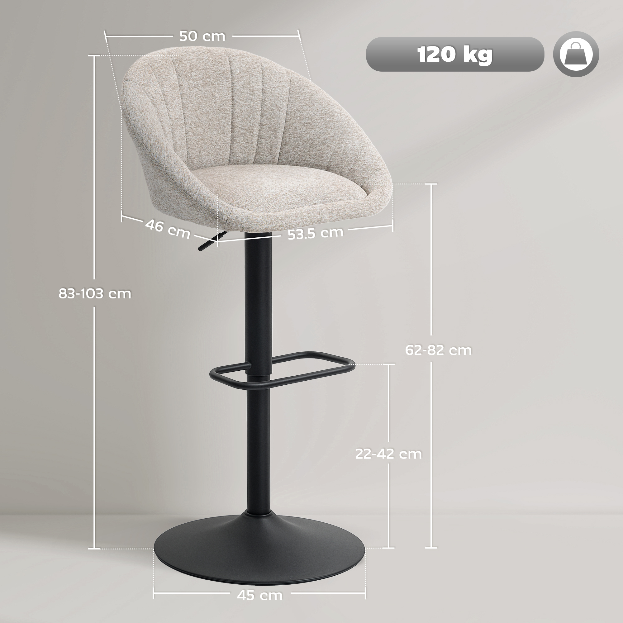  Set 2 Scaune de Bar Rotative din tesatura cu inaltime Ajustabila Bej [2]