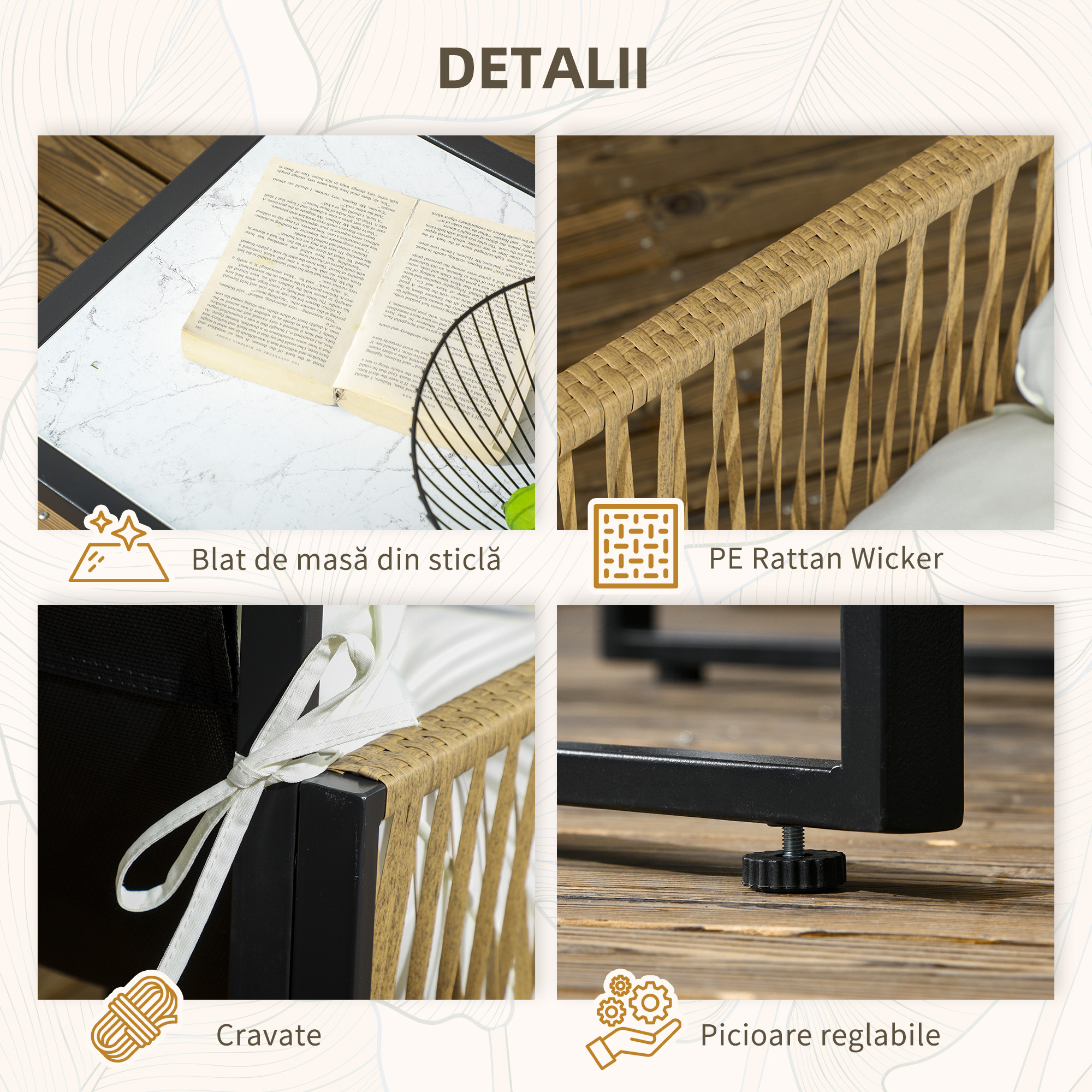  Set de Gradina 4 Piese din Ratan cu Canapea, 2 Scaune si Masuta de Cafea, Negru, Maro si Crem [5]