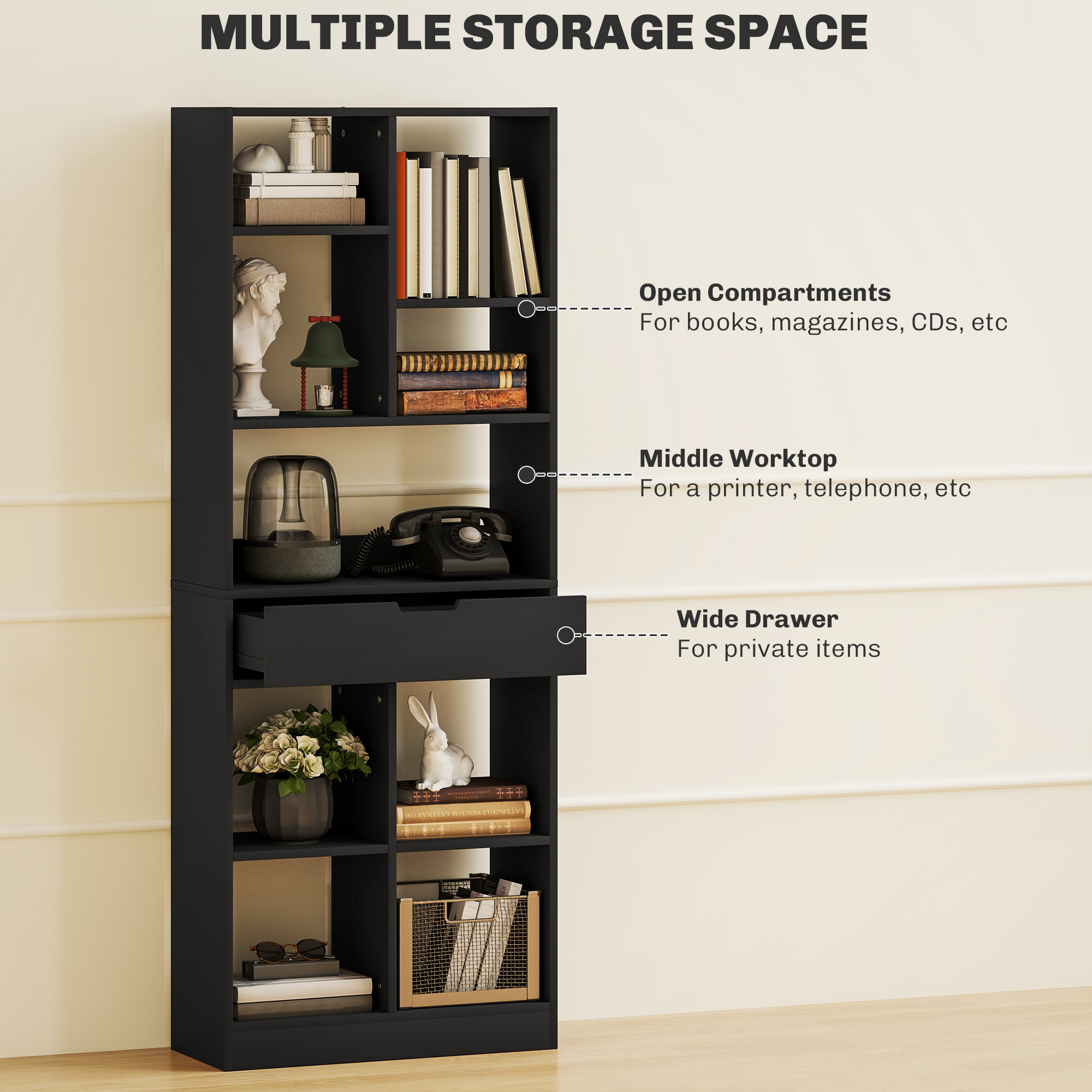  Biblioteca Moderna din Lemn cu Sertar Central si Kit Antirasturnare, 60x26x158 cm, Negru [3]