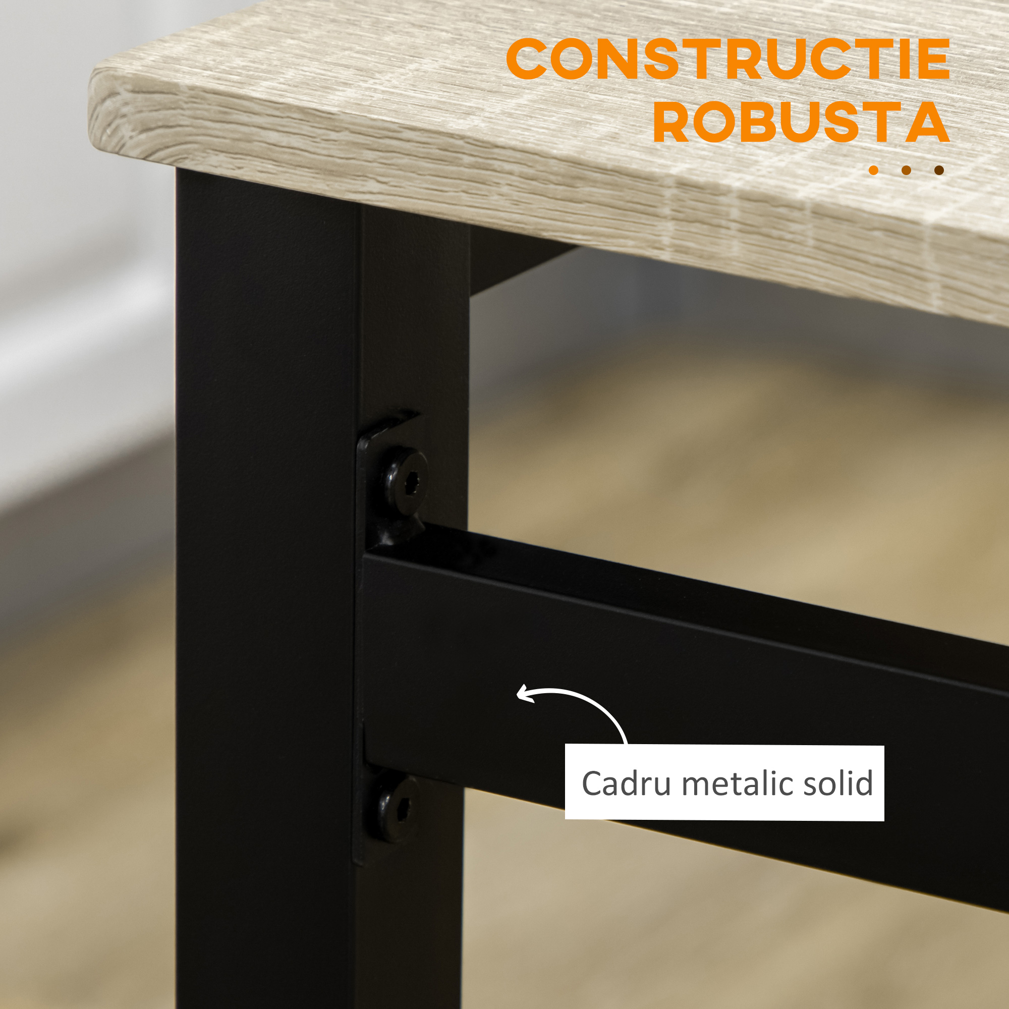  Set de masa din 5 Piese cu 1 masa dreptunghiulara 100x63x76.5 cm si 4 Scaune 45x40x82 cm, din otel si MDF, Negru si lemn natural [6]