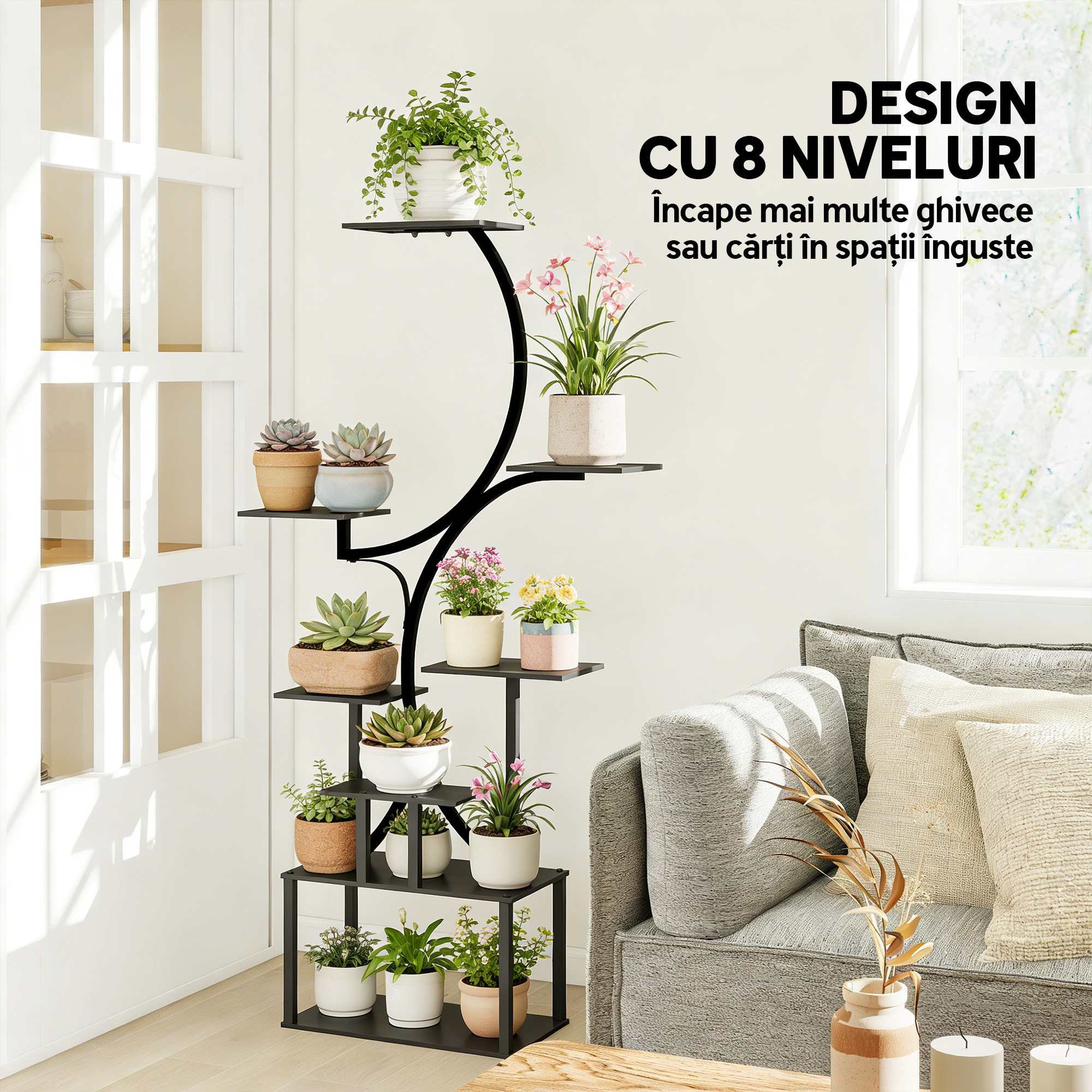  Suport pentru Plante cu 8 Niveluri in Forma de S, Suport Ghivece din Metal pentru Interior si Exterior, pentru Gradina, Balcon, Terasa, Camera de Zi, 74x26x158.5 cm, Negru [3]