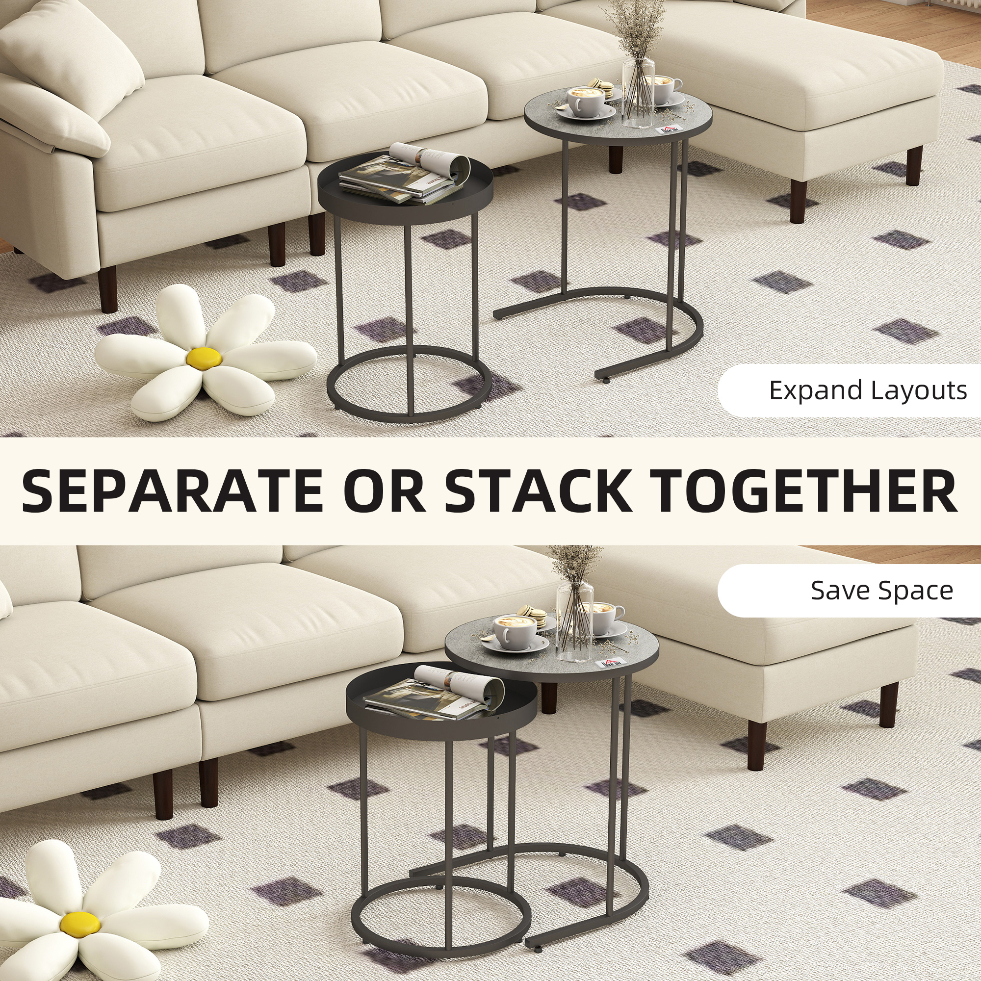  Set Rotund de Masute de Cafea Stivuibile - Gri [3]