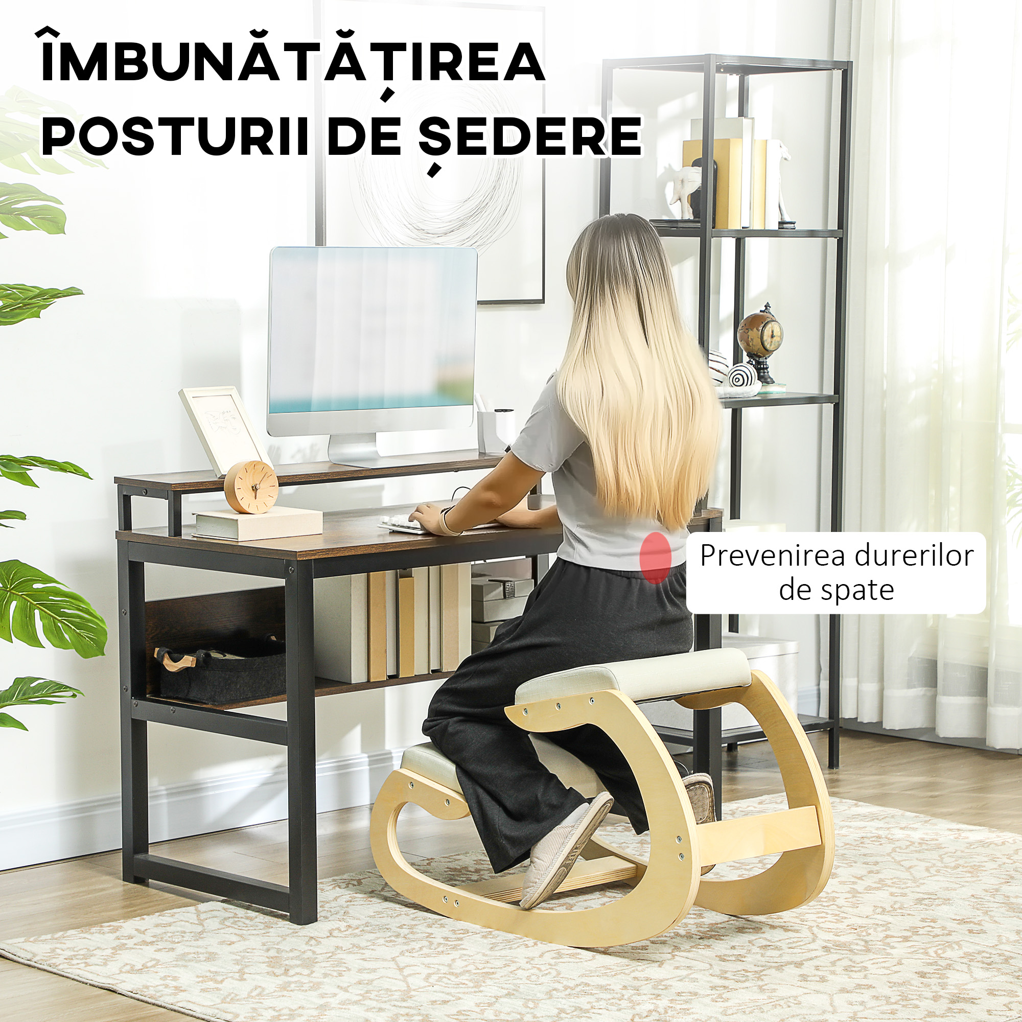 Scaun pentru Genunchi cu Miscare de Leganare, Scaun Ergonomic Postural din Material Textil, 55x85x55 cm, Alb Crem [3]