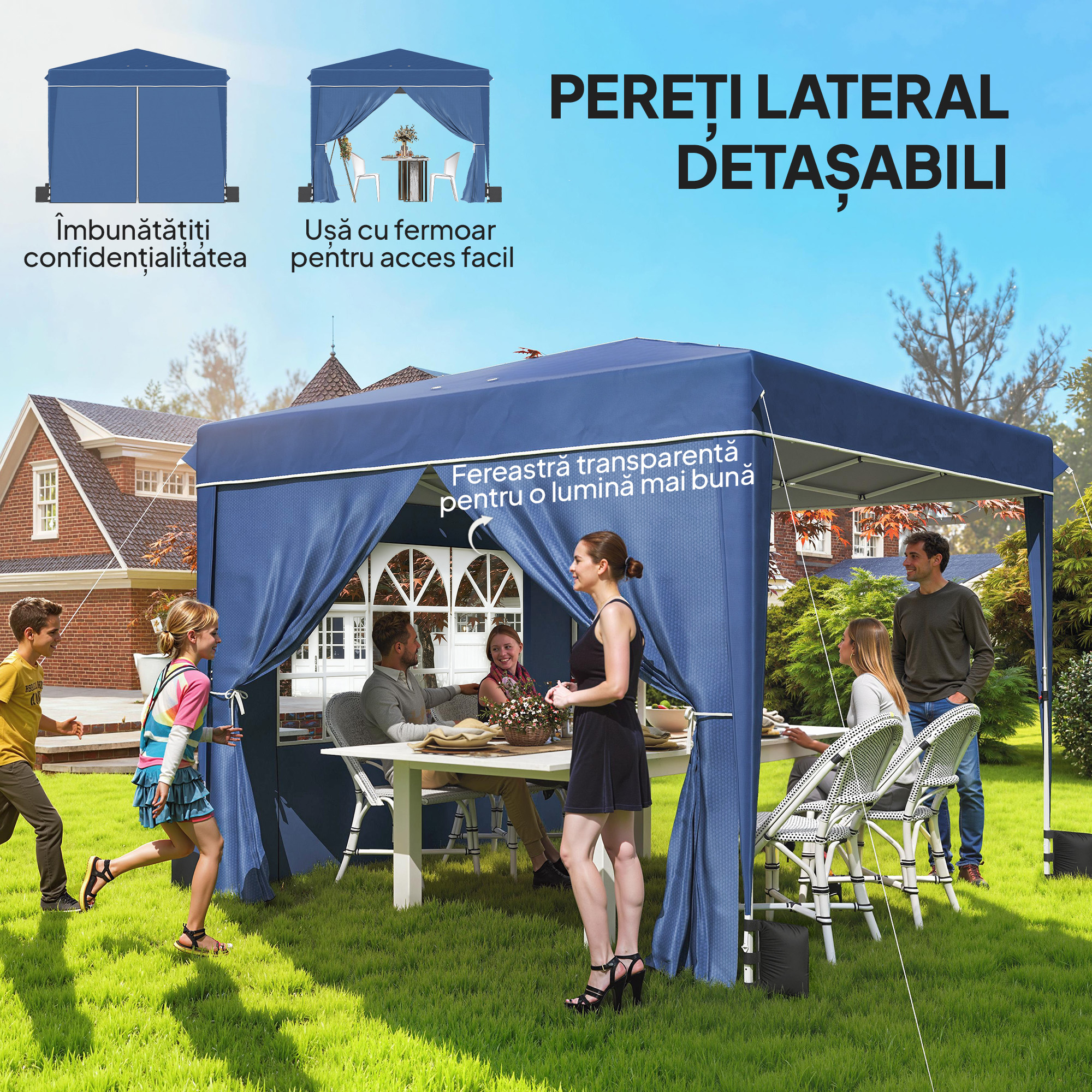  Foisor 3x3 m Pliabil Pop Up cu inaltime Reglabila, Foisor de Gradina cu Pereti Laterali, Saci de Nisip, Geanta de Transport, UV50+, pentru Exterior, Camping, Petreceri, Albastru inchis [4]