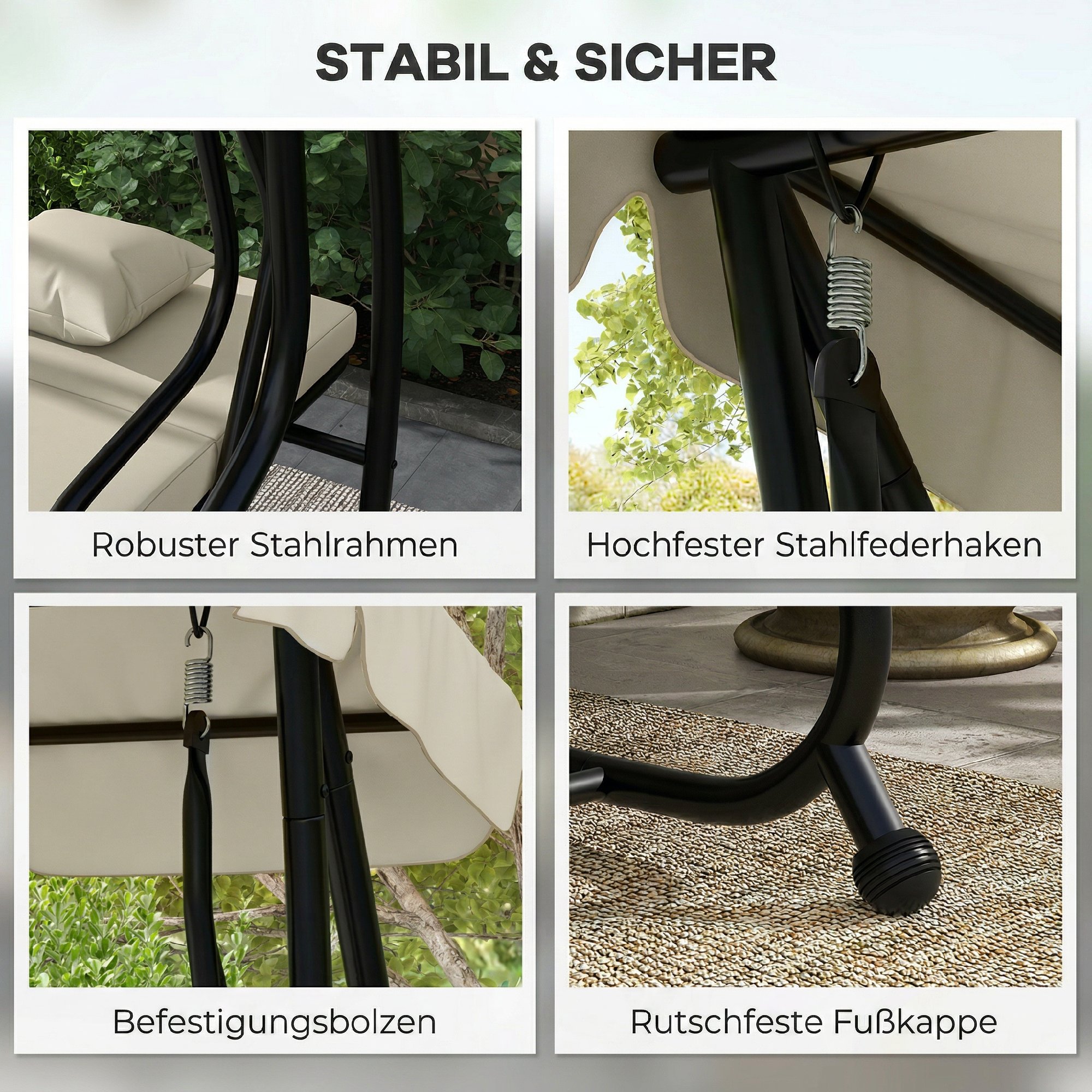  Leagan Pat de Gradina cu acoperis reglabil si tavi, din otel si Teslin, 200x120x164 cm, crem [5]