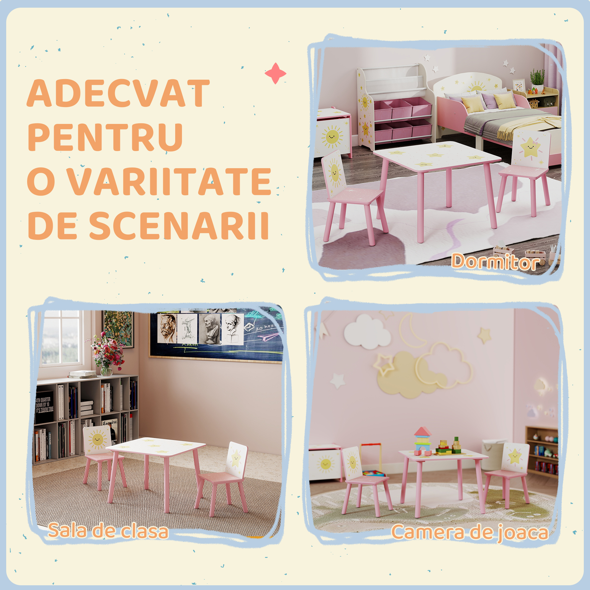  Set de 3 piese cu masa si scaune pentru copii, Masa cu 2 scaune pentru dormitor, gradinita, sala de jocuri, Roz [7]