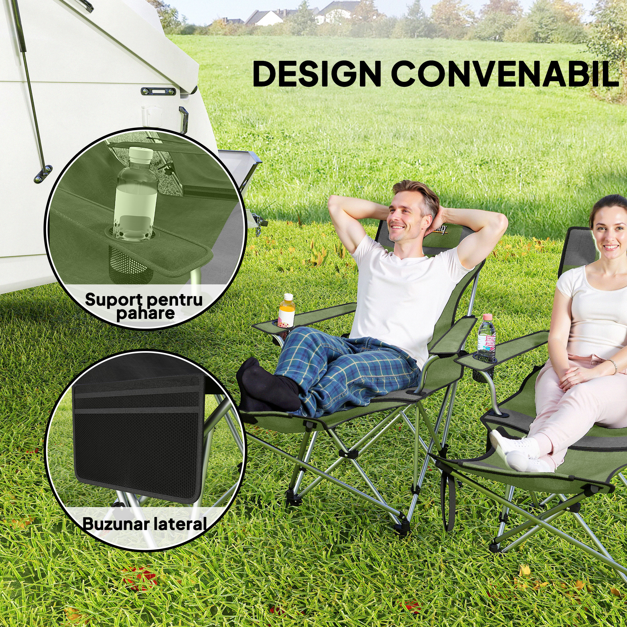  Set de 2 Scaune de Camping Pliabile cu Suport pentru Picioare Detasabil, 82x100x88 cm, Negru [4]