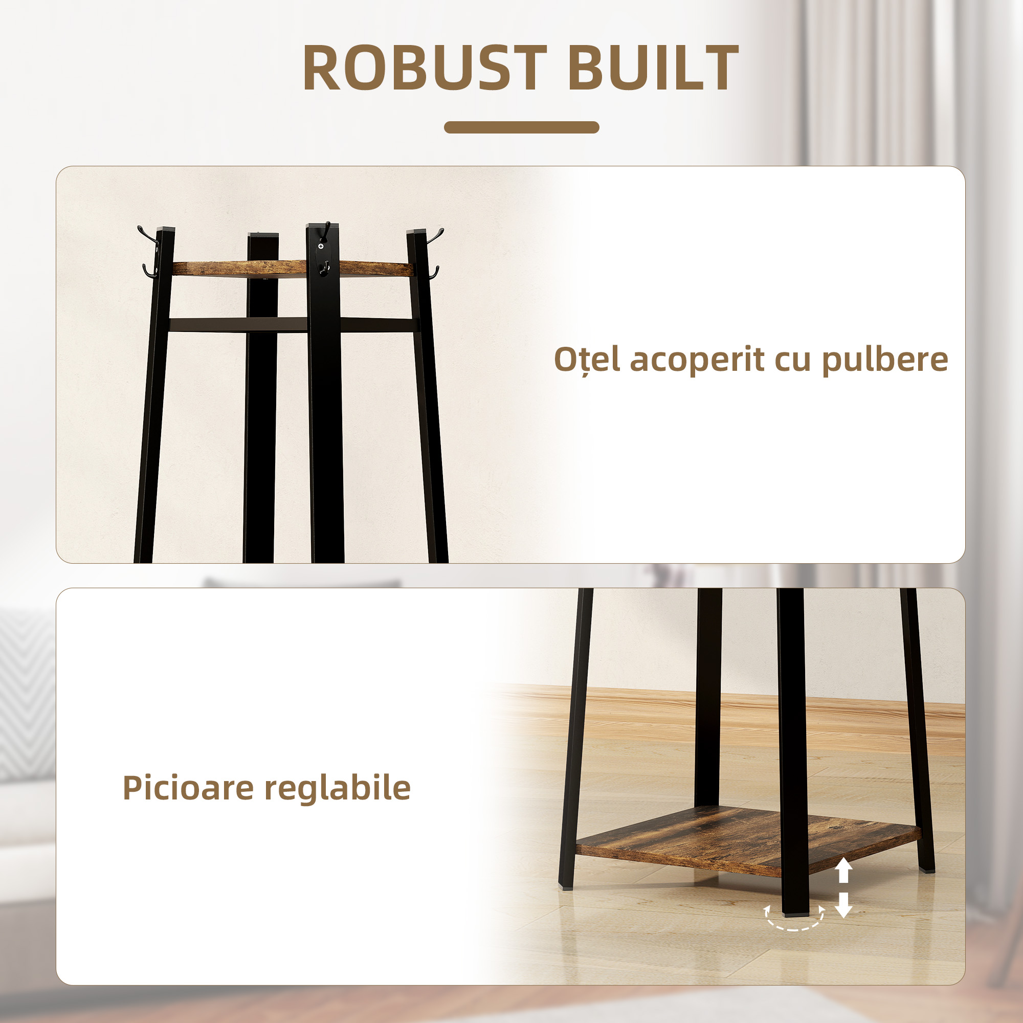  Cuier de Podea cu 8 Carlige, 3 Rafturi si Polita Superioara, Maro [6]