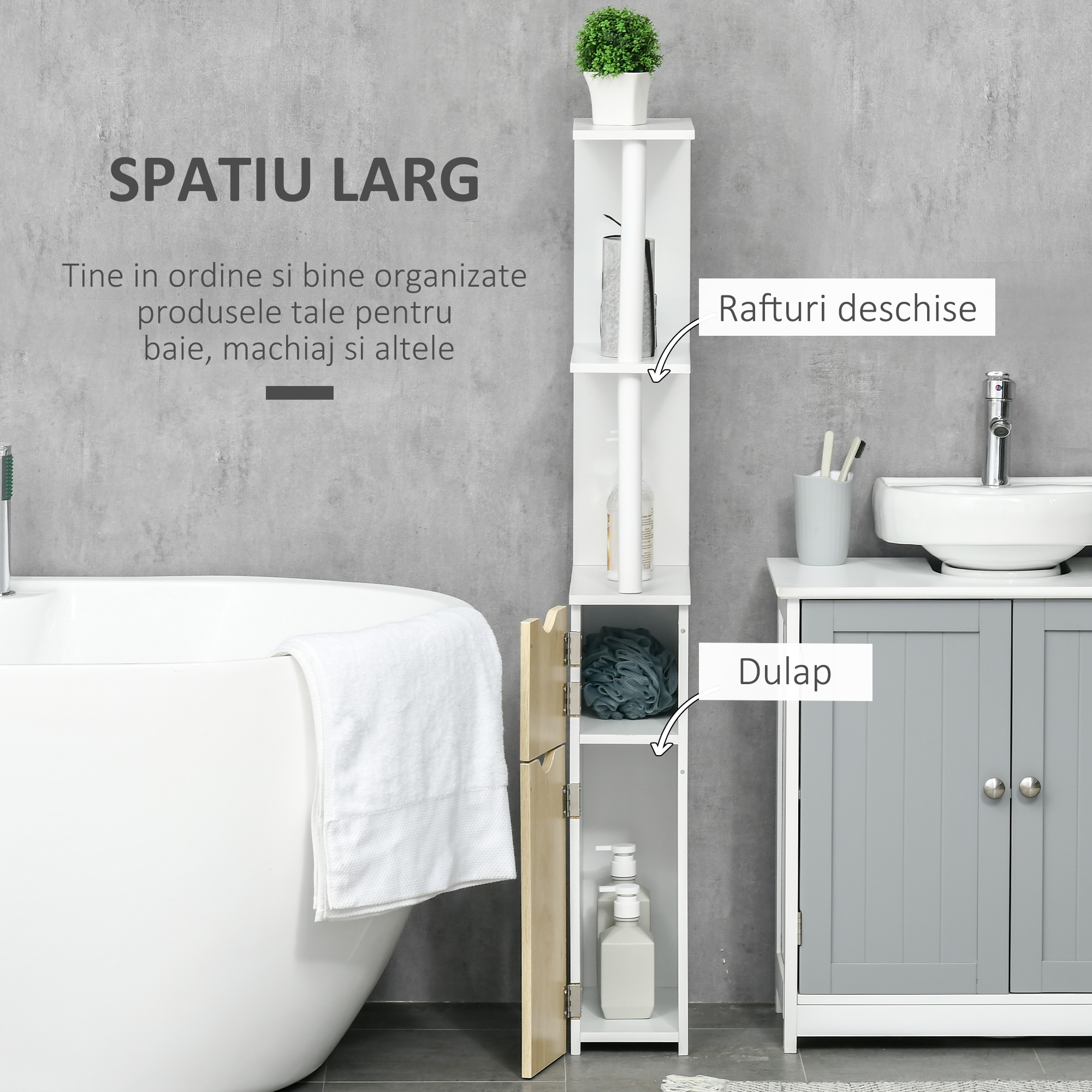  Coloana de baie cu 2 rafturi si 2 dulapuri, dulap de baie cu economie de spatiu mare din MDF, 15,2x29,8x118cm, alb si lemn [3]