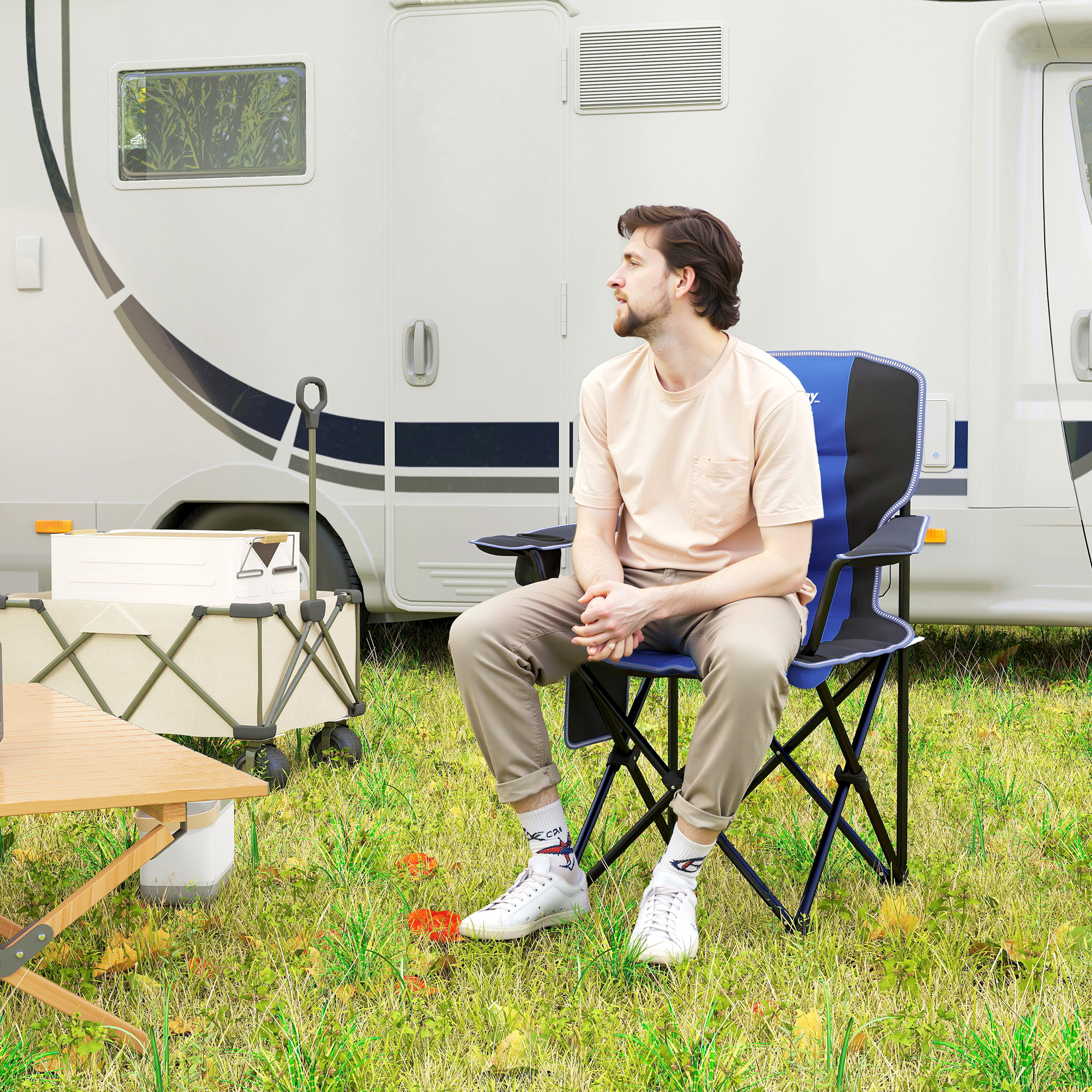  Scaun de Camping Pliabil cu Buzunar si Suport pentru Pahar, 94x62x110 cm, Albastru [8]