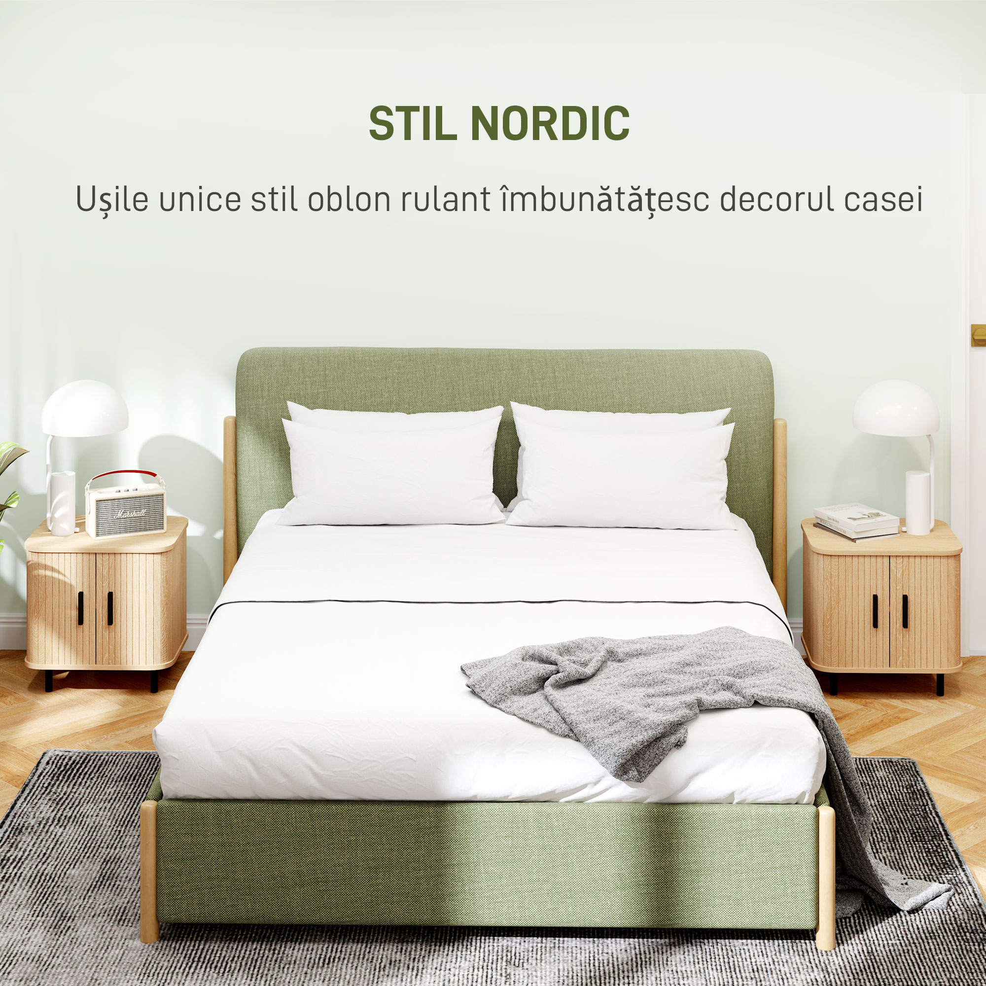  Set 2 Noptiere in stil Nordic cu Raft pe 2 Niveluri si Usa Culisanta pentru Dormitor, 48x40x48 cm, Lemn Natural [3]