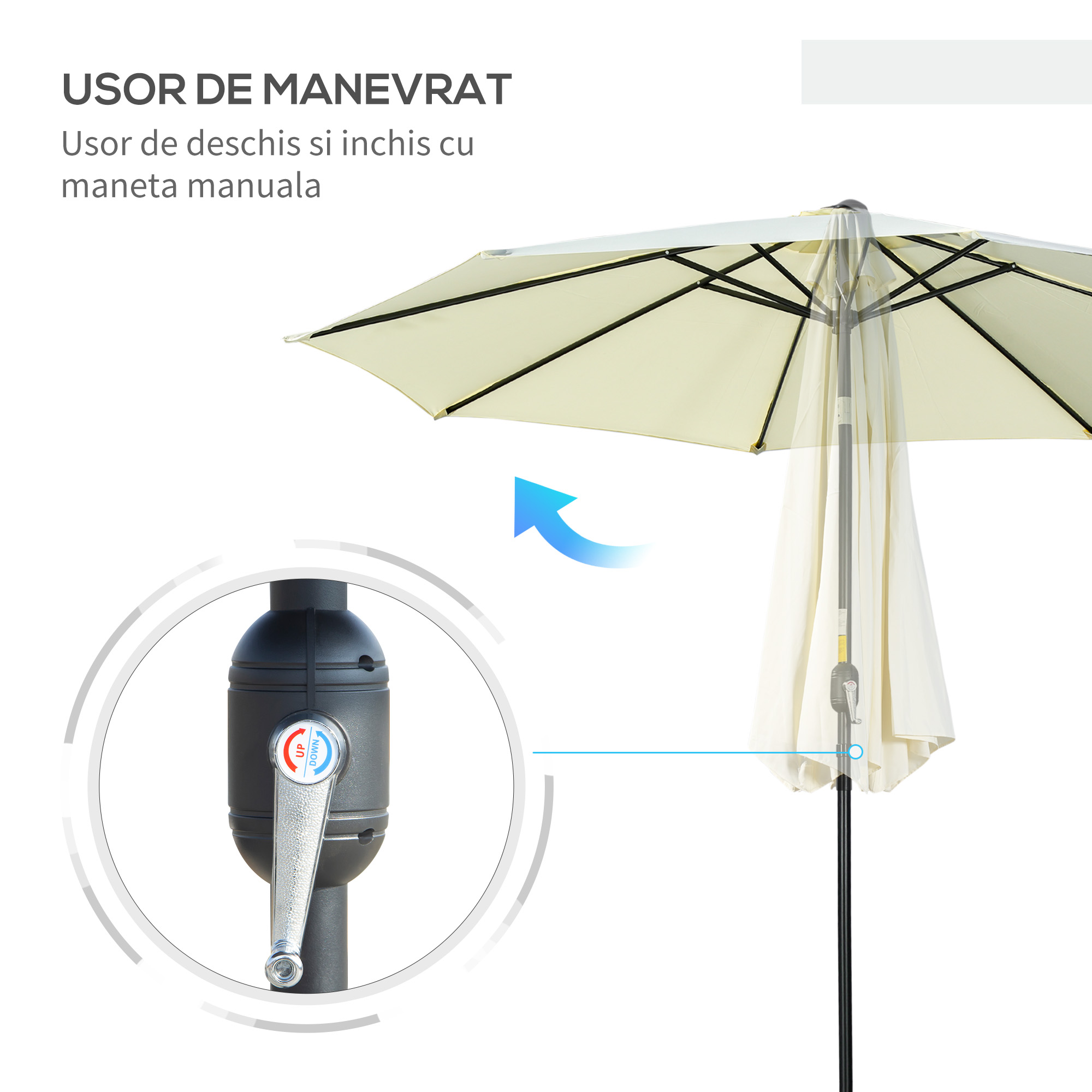  Umbrela de gradina inclinabila cu 8 spite si manivela, din metal si poliester, Ø295x250 cm, bej [4]