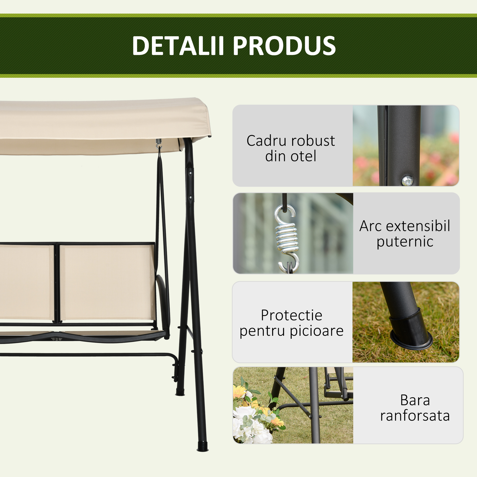  Balansoar cu 2 Locuri de Gradina pentru Exterior, 140x118x162cm Bej [6]