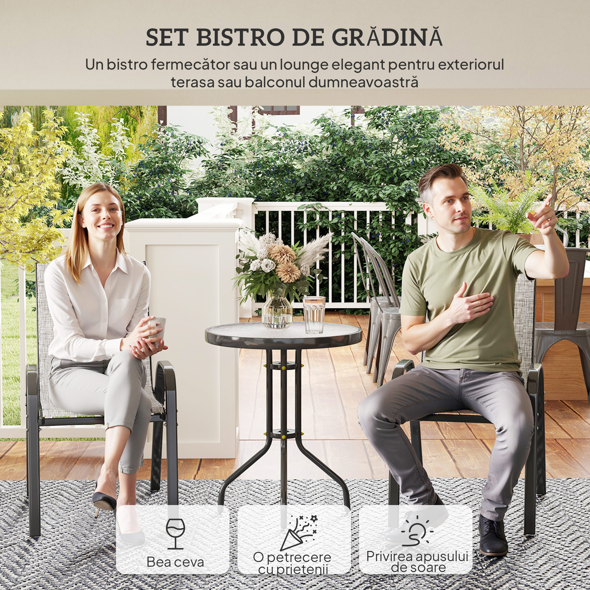  Set Mobilier de Gradina din 3 Piese cu Scaune Suprapozabile si Masa din Sticla, 54x71x93 cm, Gri inchis [3]