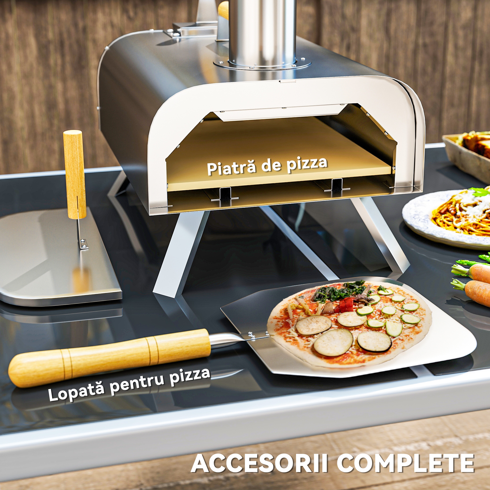  Cuptor pentru Pizza pe Pelete de Lemn cu Piatra Refractara si Lopata, din Otel Inoxidabil, 79x36x75 cm, Argintiu [6]