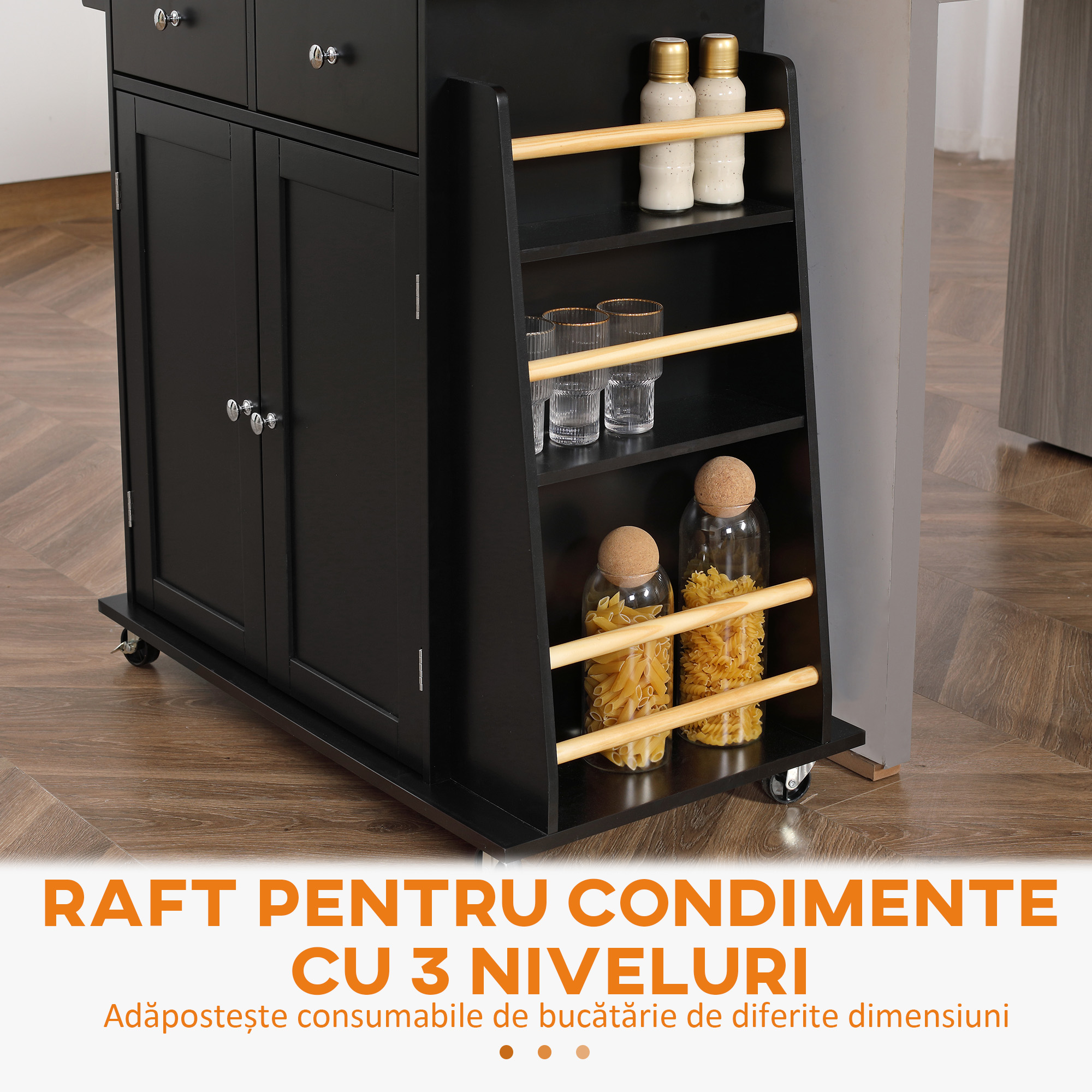  Insula de Bucatarie cu Dulapior, 2 Sertare si Suport pentru Condimente cu 3 Rafturi, 89x45x89,5 cm, Negru [7]