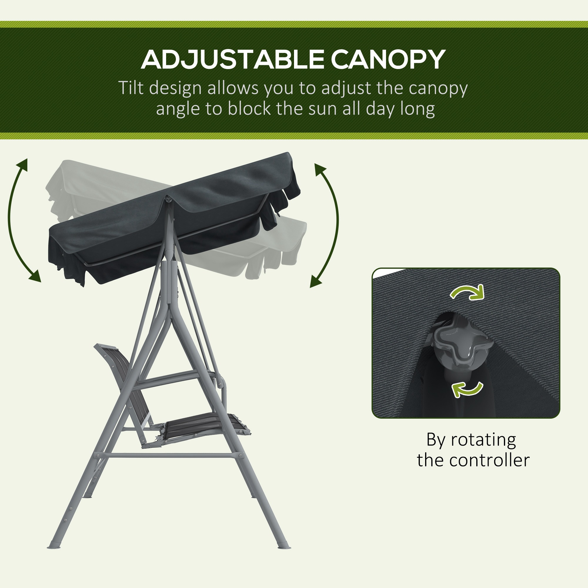  Balansoar de Gradina 3 Locuri cu Acoperis Reglabil si Detasabil, sezut din Poliester, Capacitate 240 kg, 171x108x154 cm, Gri inchis [3]