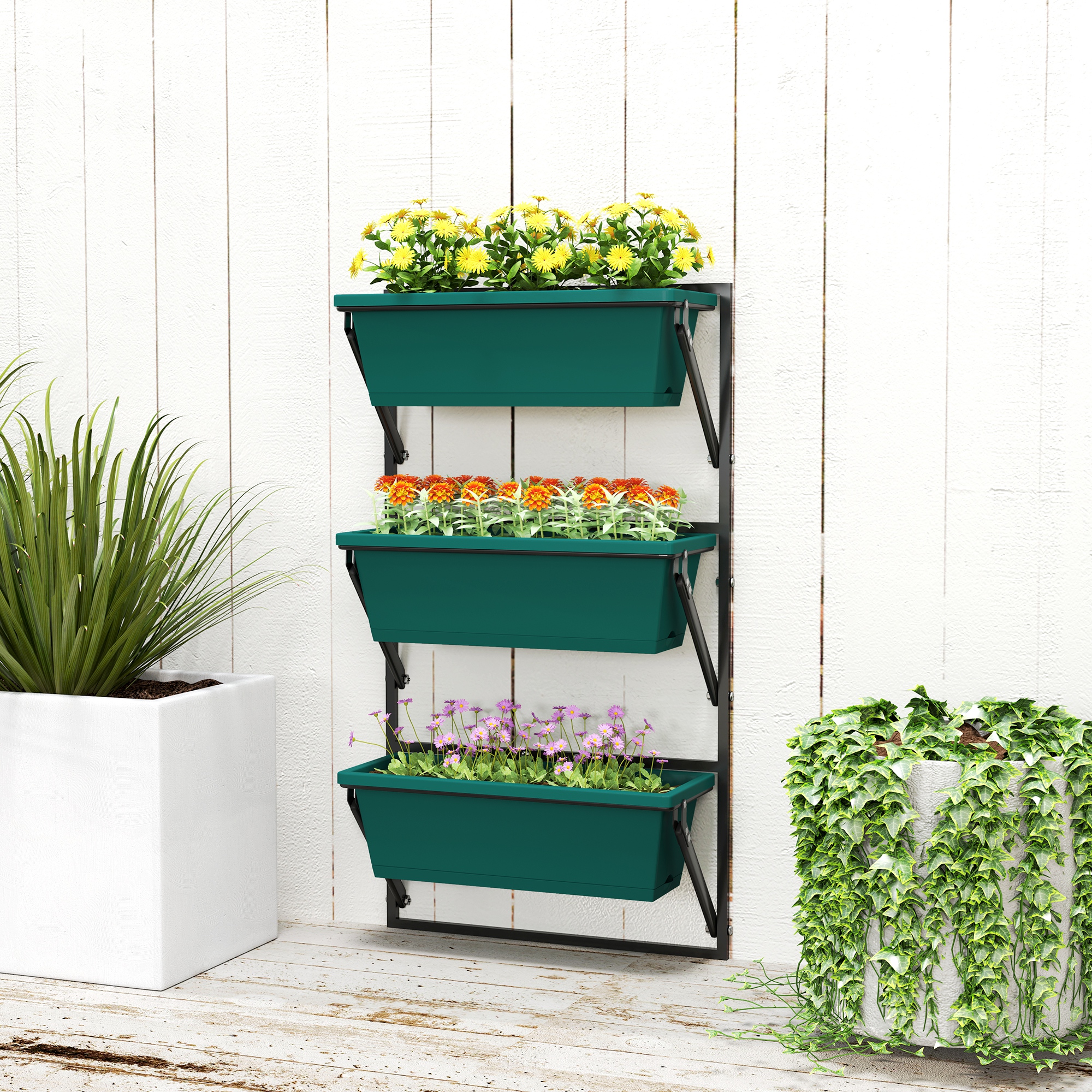  Jardiniera Verticala pentru Exterior cu 3 Niveluri si Ghivece cu Orificii de Drenaj, 56x42x100 cm, Verde [8]