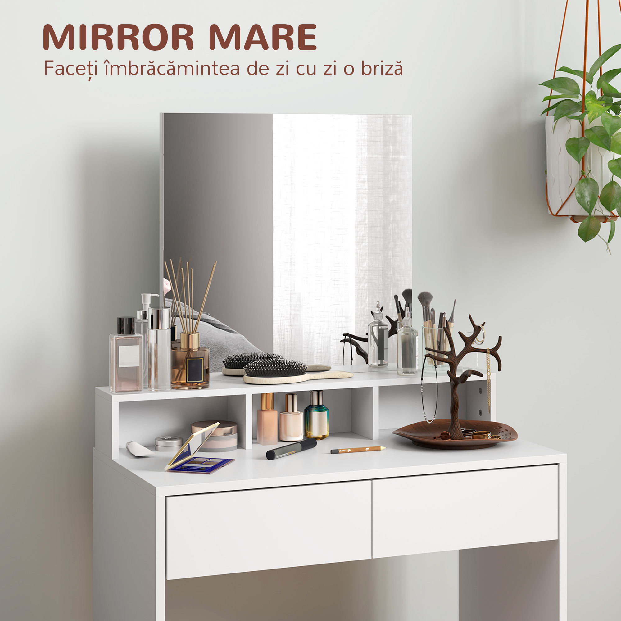  Masa de Toaleta cu Taburet, Masa de Machiaj cu Oglinda, 3 Rafturi, 2 Sertare, din Lemn, 75x38x135 cm, Alb [6]