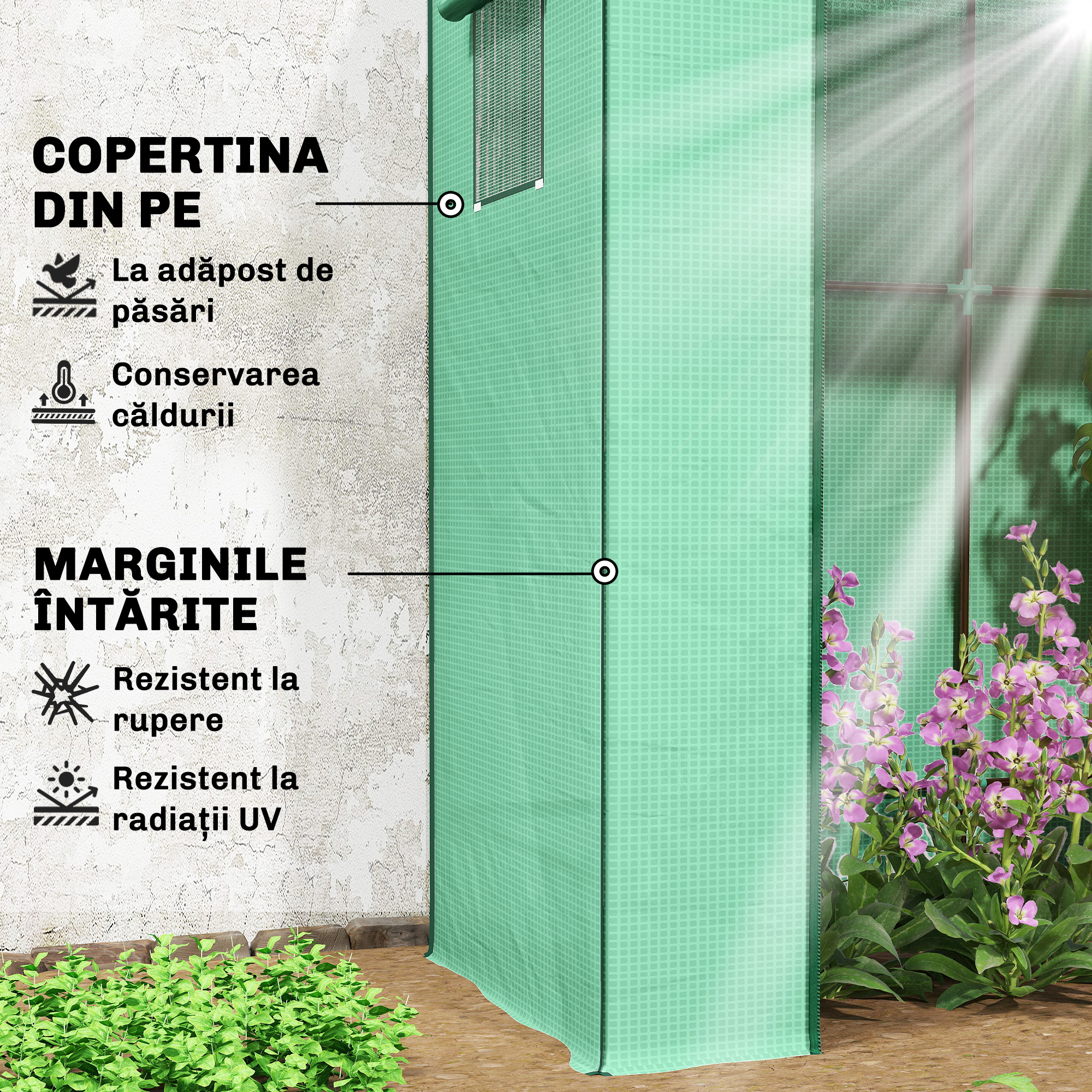  Sera de Gradina cu Acoperis inclinat, 2 Ferestre si Usa Rulabila, Sera pentru Legume cu Structura din Otel, Acoperire din PE Anti-UV, pentru Legume, Flori, Plante, 196x77x197 cm, Verde [3]