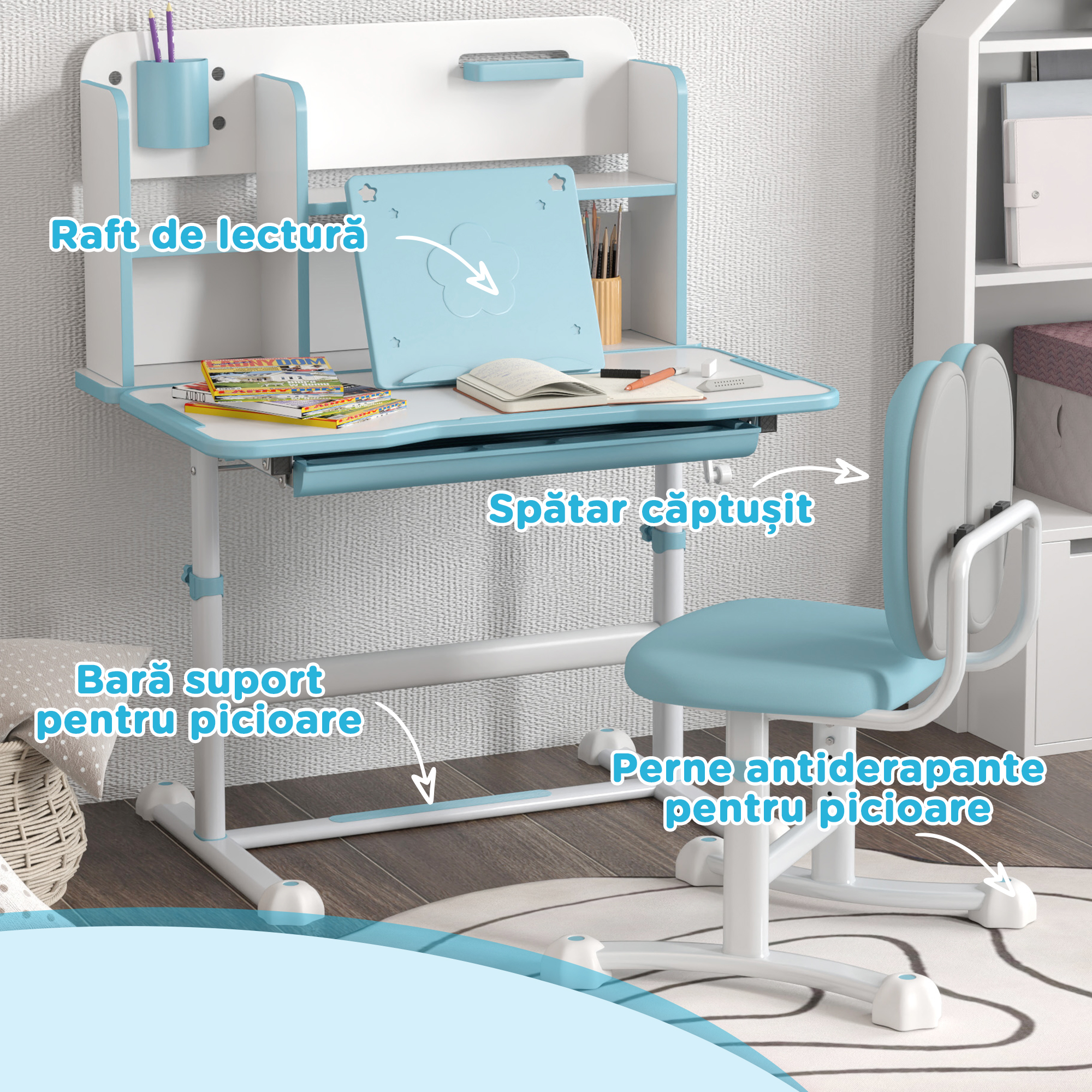  Set Birou si Scaun pentru Copii 3-12 Ani, Reglabil pe inaltime cu Blat inclinabil 0-45° 80×55×107,5 cm, Albastru [6]