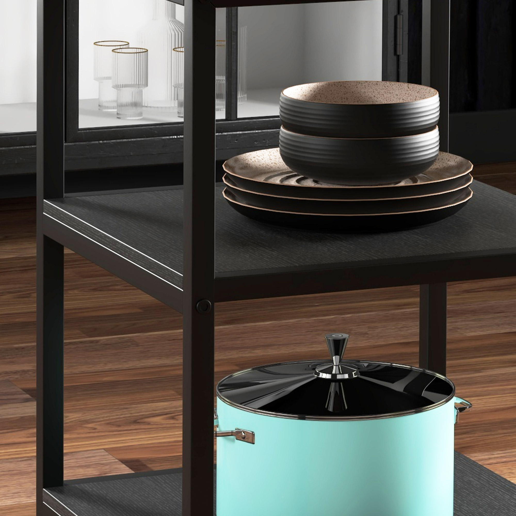  Masa Rotunda de Luat Masa pentru Persoane Masa Industriala pentru Bucatarie cu Rafturi de Depozitare pentru Sufragerie Negru [8]