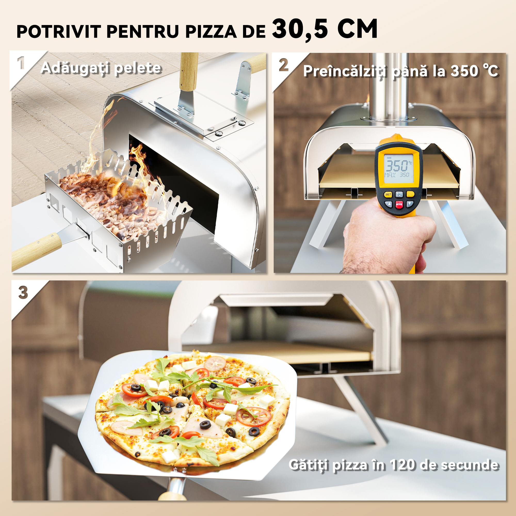  Cuptor pentru Pizza pe Pelete de Lemn cu Piatra Refractara si Lopata, din Otel Inoxidabil, 79x36x75 cm, Argintiu [3]