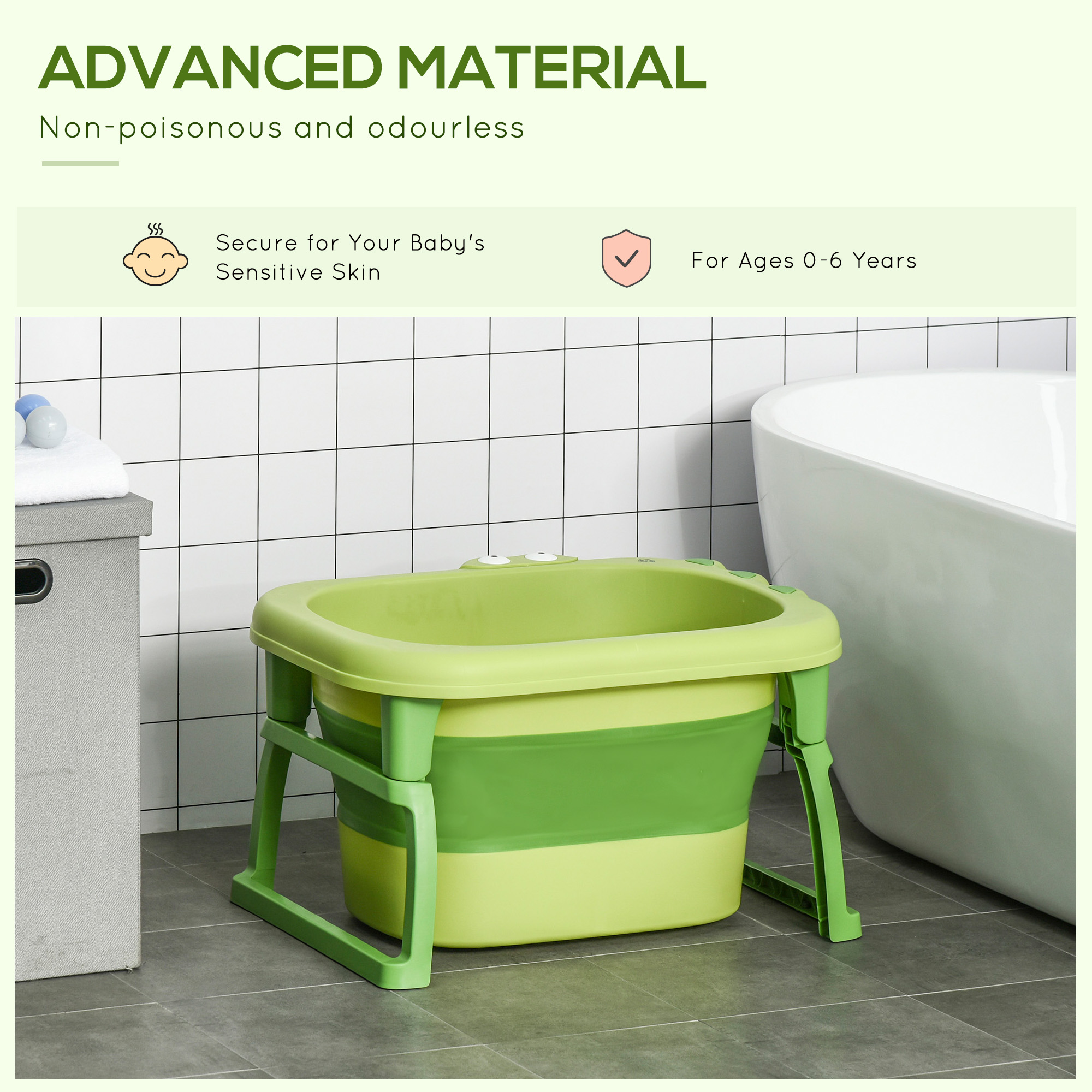  Cadita pentru baita pentru nou-nascuti si copii cu varsta intre 0-6 ani, din plastic antiderapant, verde, 75.3x55.4x43cm [3]