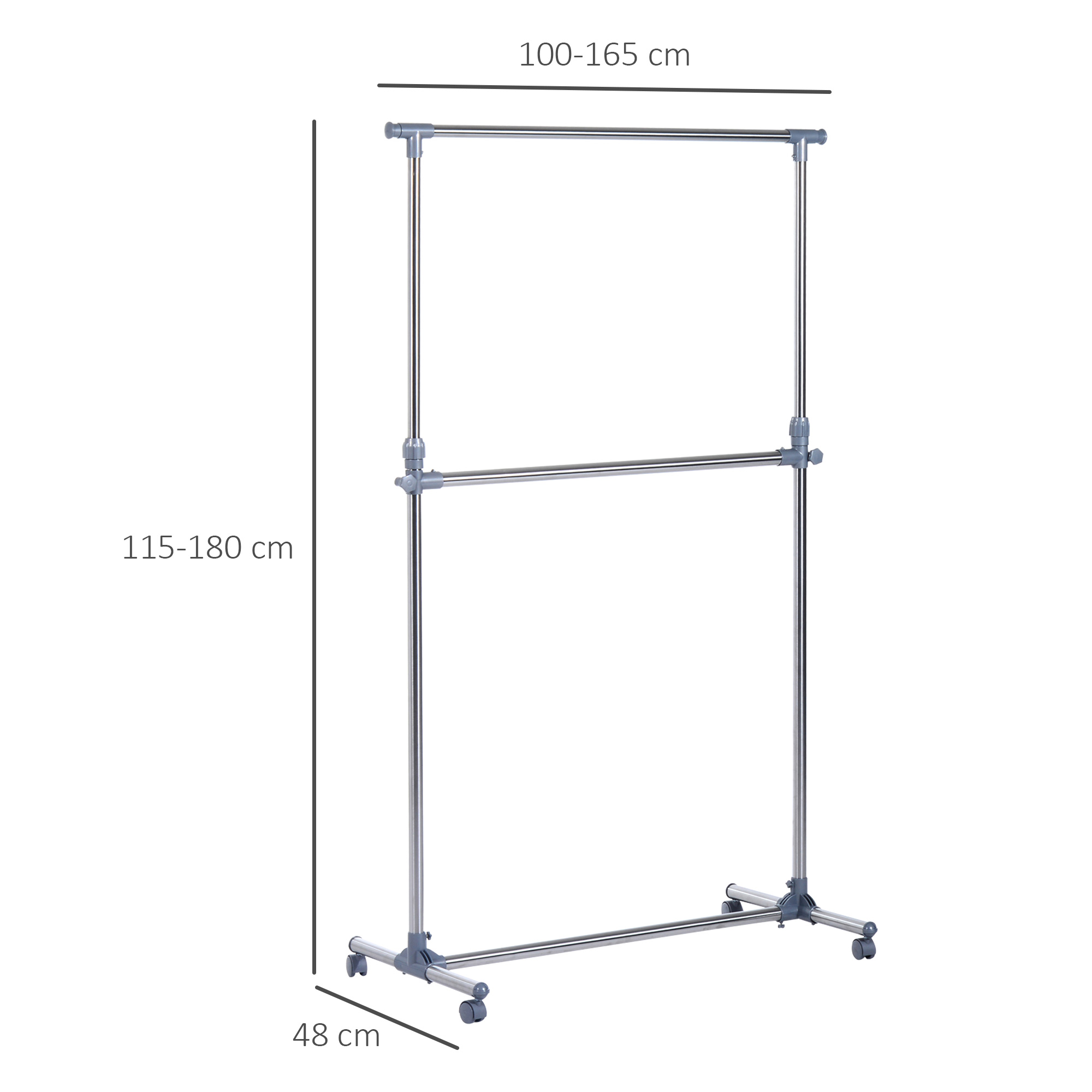  Cuier pentru haine cu inaltime si extensie reglabile, 165 x 48 x 180 cm, Inox / ABS, Argintiu / Gri [2]