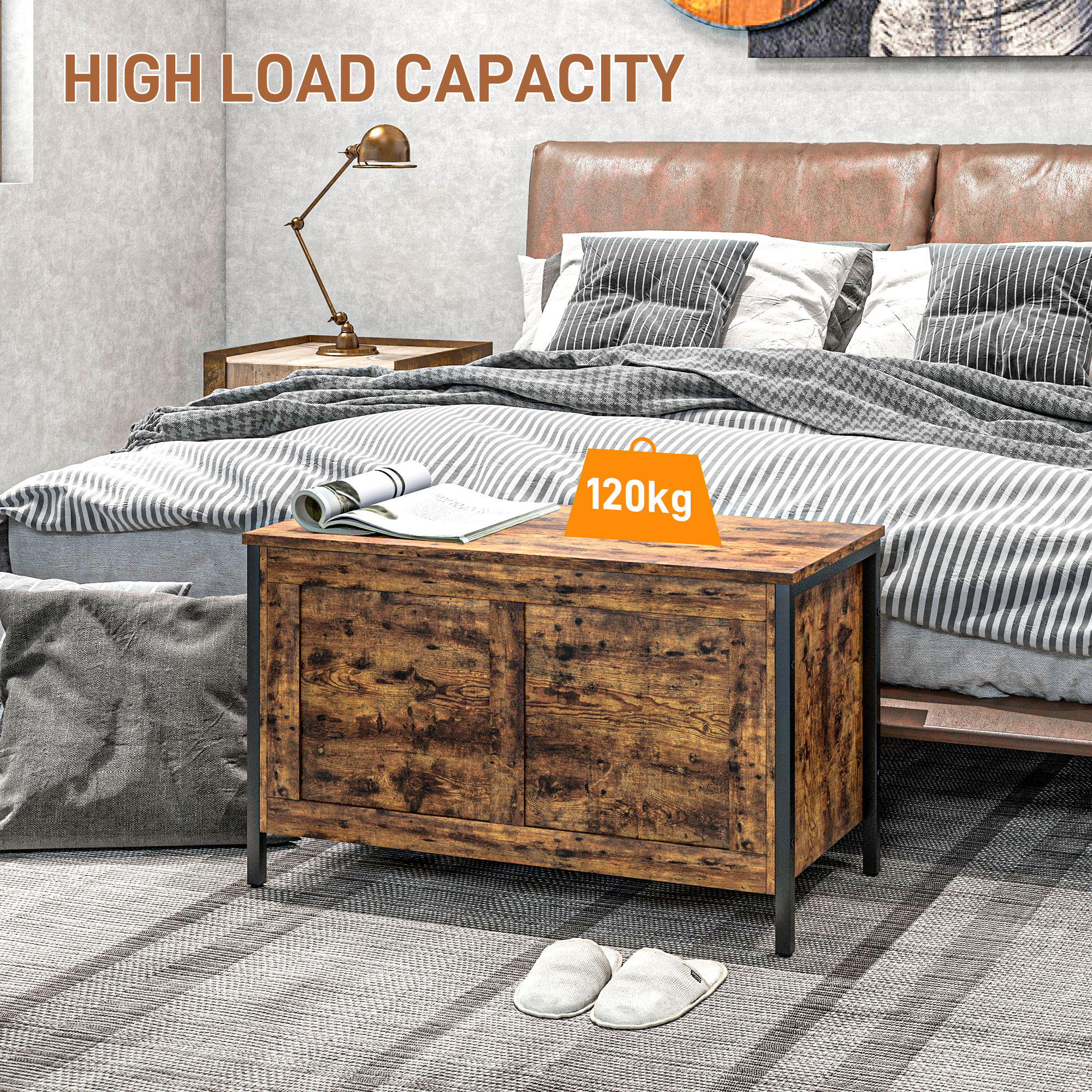  Banca de Depozitare de 95L in Stil Industrial cu Capac cu Balamale de Siguranta, 80x40x49 cm, Maro Rustic [6]