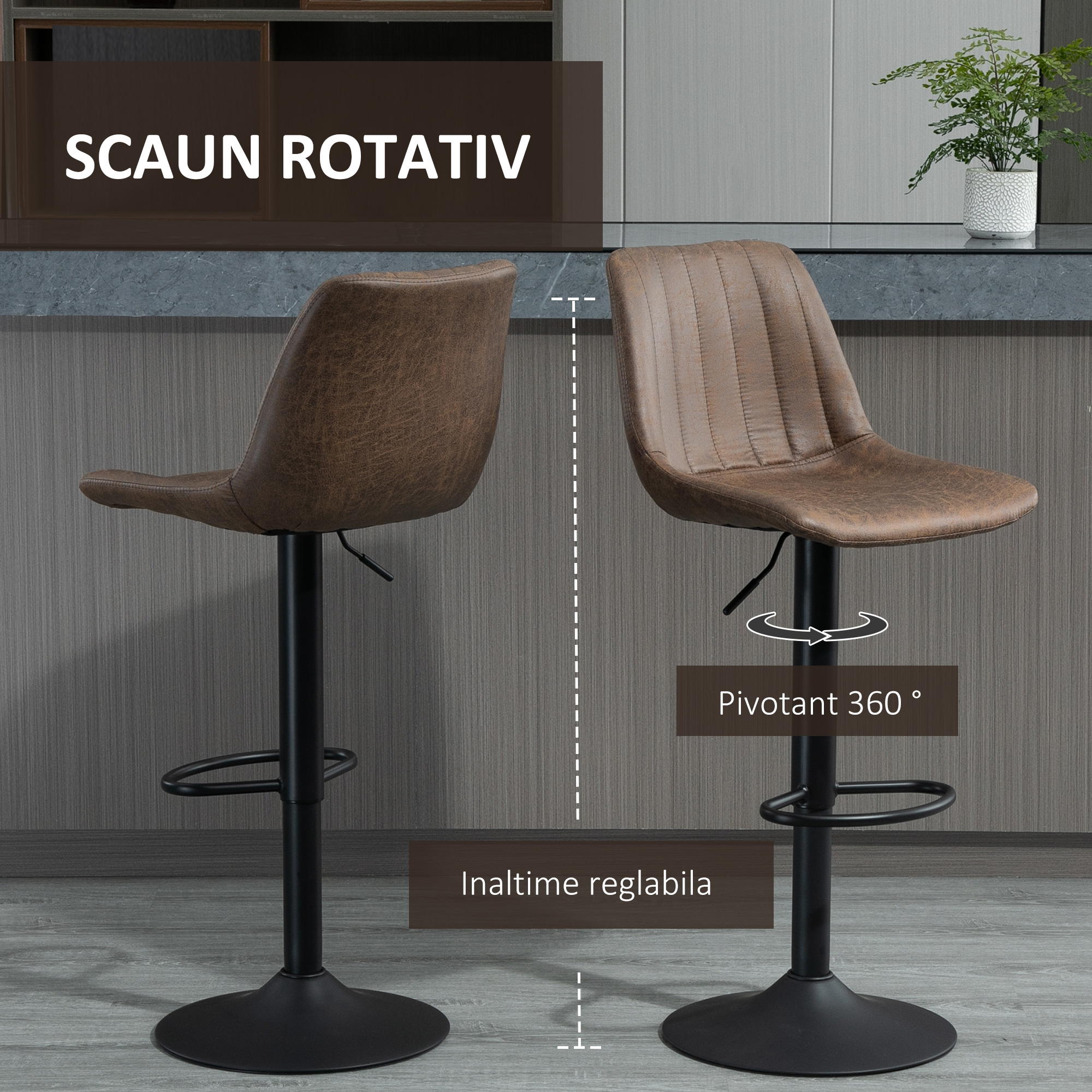  Set 2 Scaune de Bar - Reglabile, Rotative & Captusite [3]