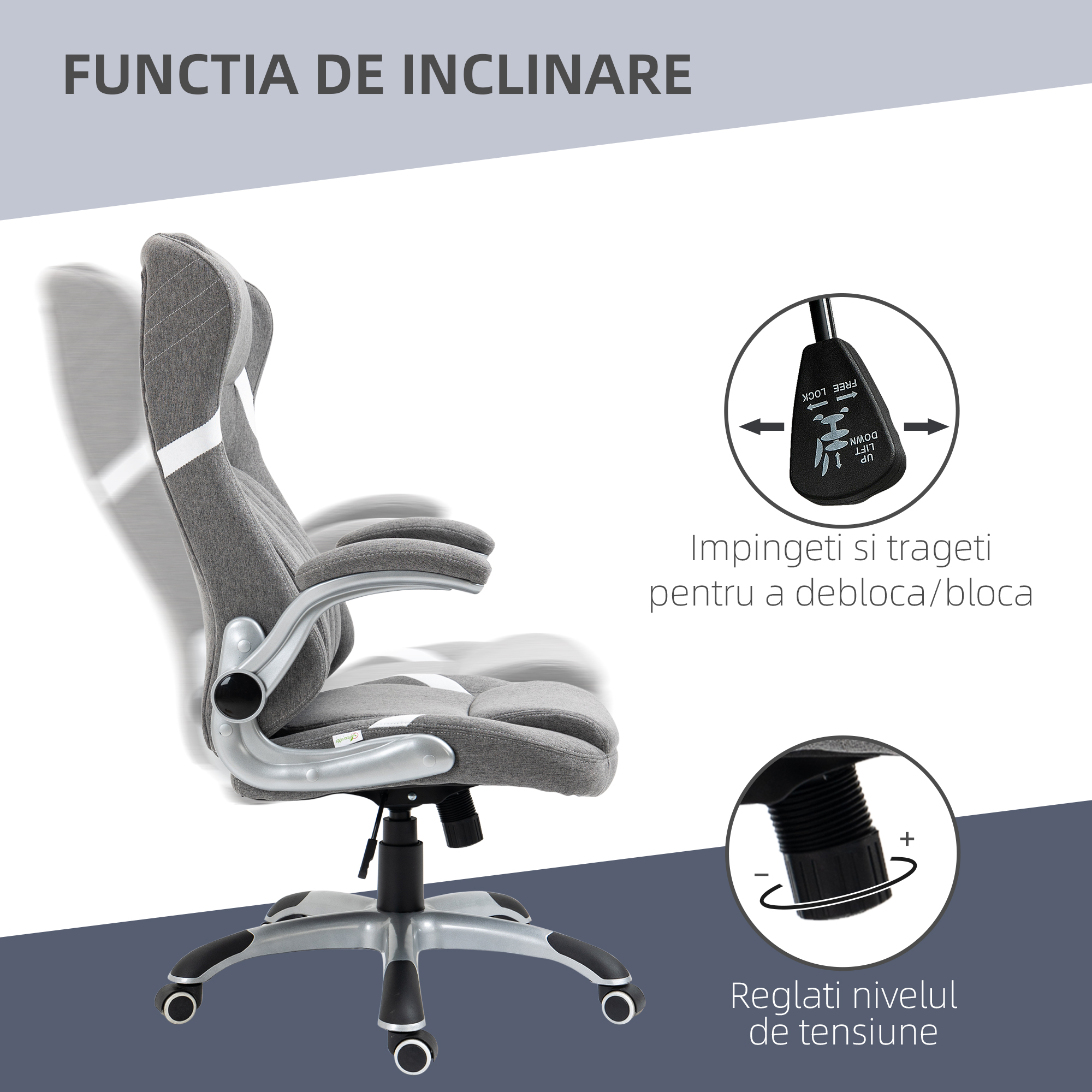 Scaun de Birou Ergonomic din tesatura Respiranta Efect In, inaltime Reglabila, 68x76x109-117cm, Gri [4]