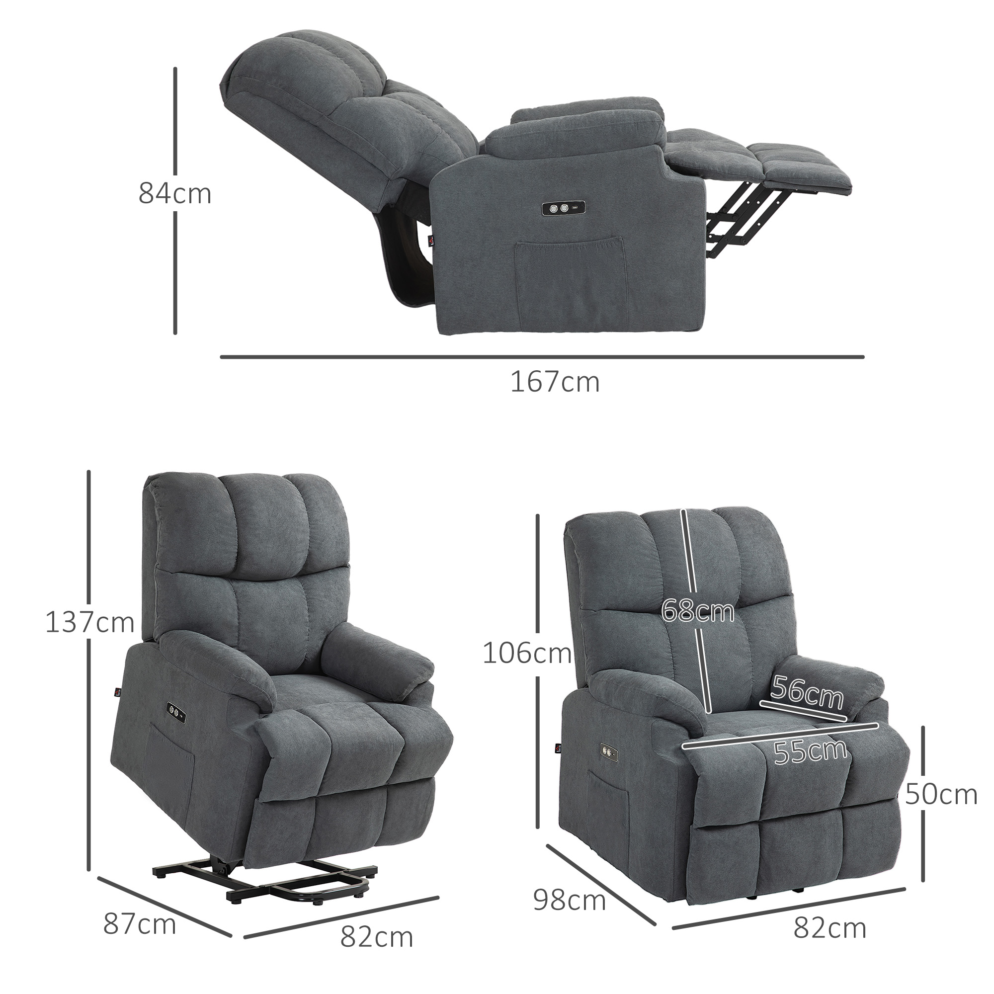  Fotoliu reclinabil pentru ridicare, cu suport pentru picioare, din material textil cu efect de in, 84x96x100 cm, gri inchis [2]