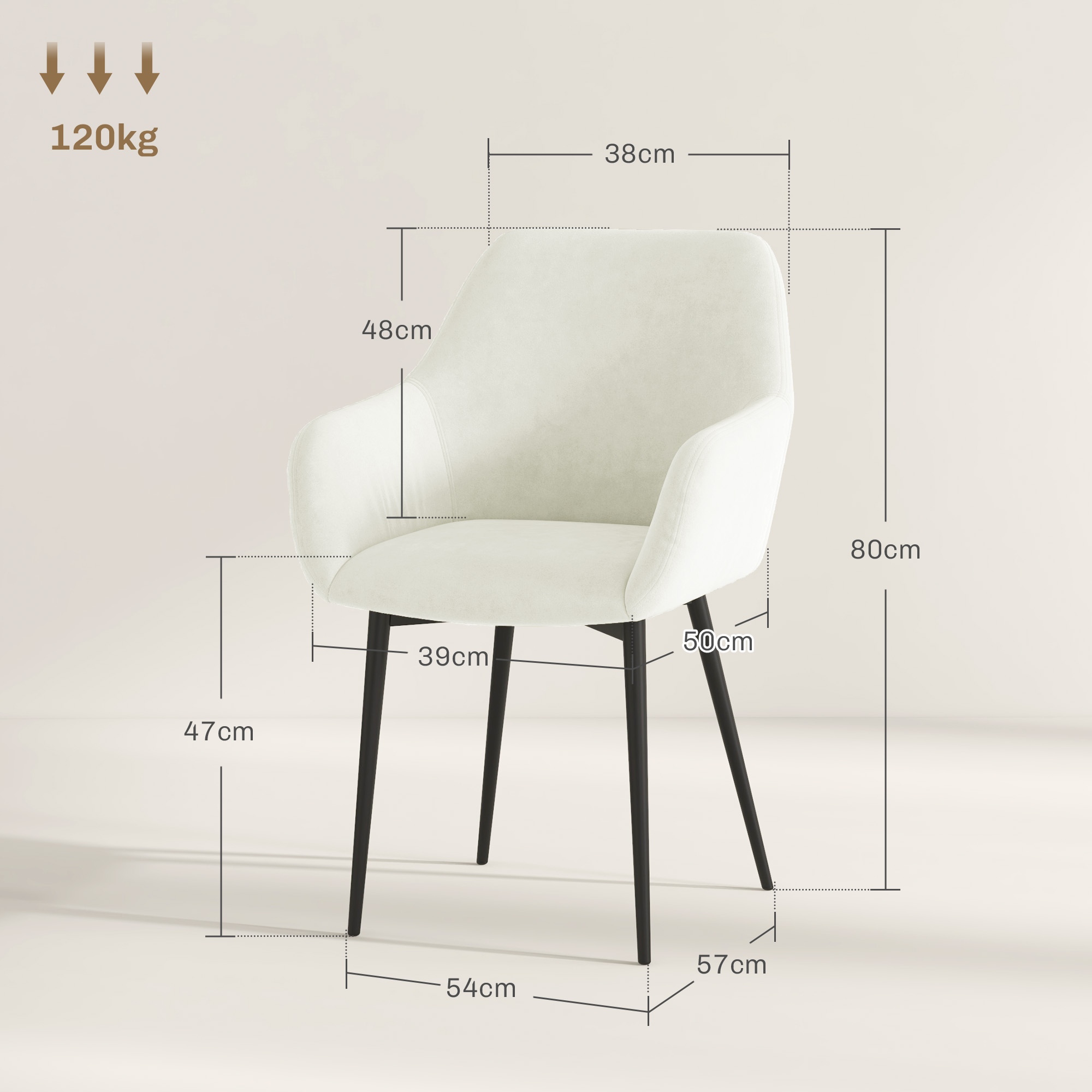  Set 2 Scaune de Dining Tapitate in Stil Nordic cu Brate si Picioare din Otel, 54x57x80 cm, Alb Crem [2]