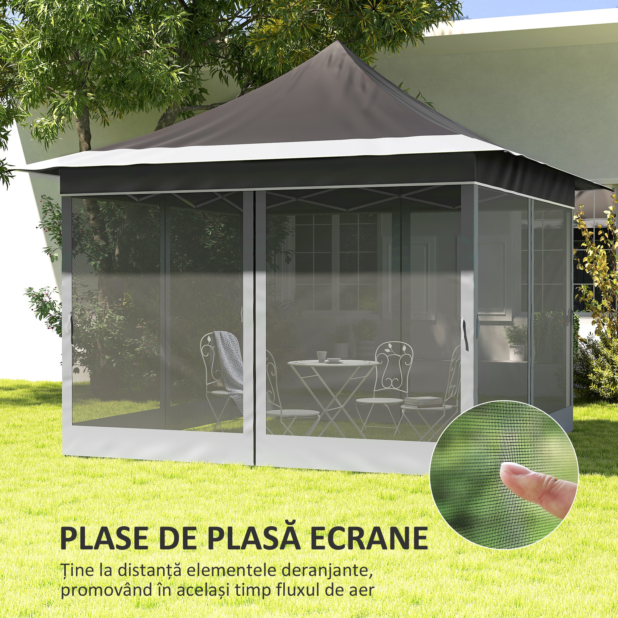  Cort Pliabil cu inaltime Reglabil, Plasa de tantari si Geanta de Transport, 357x357x310 cm, Gri inchis [4]