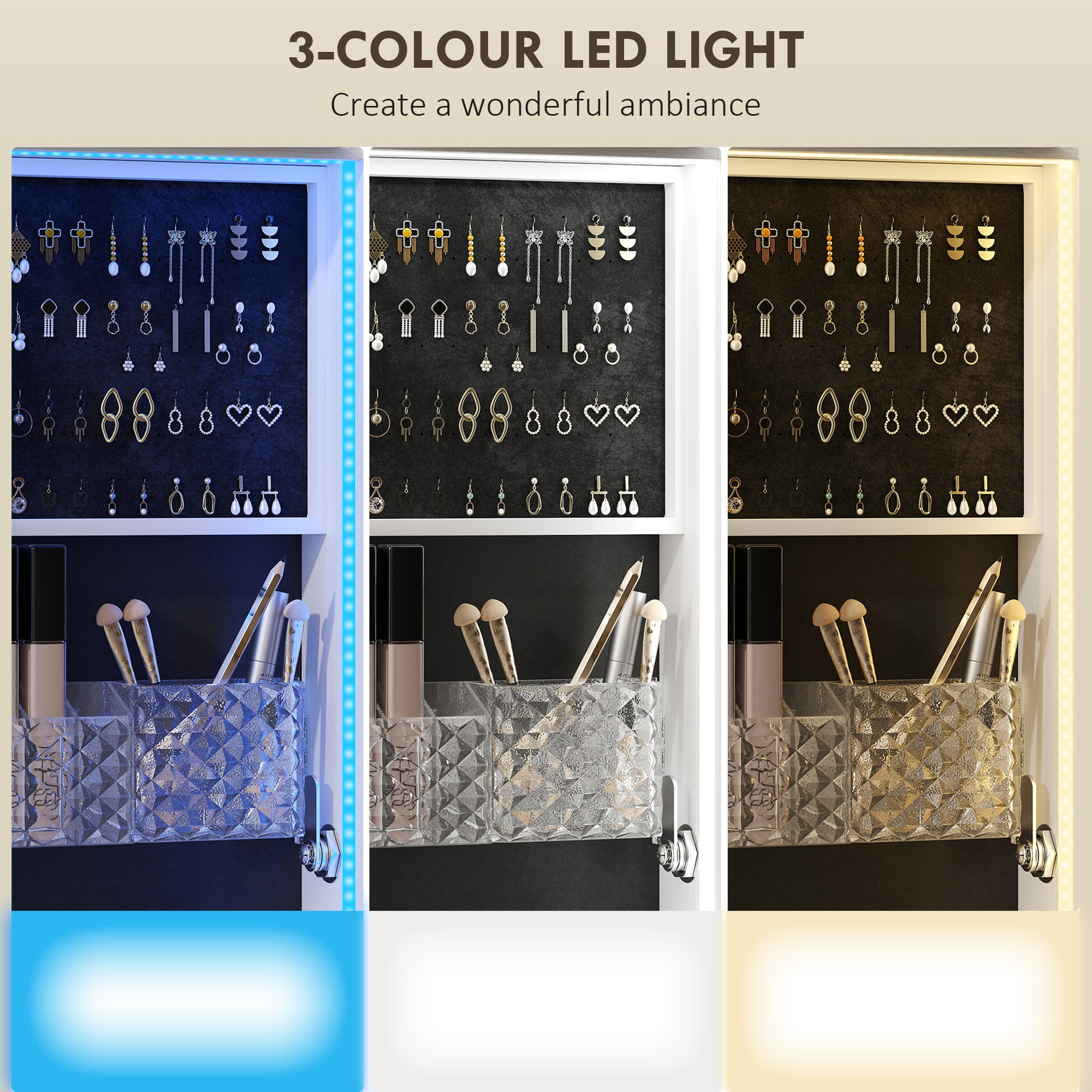  Dulap pentru Bijuterii cu Oglinda Rotativa 360°, Lumina LED Reglabila, incuietoare si Rafturi, 37x40x165,5 cm, Negru [4]