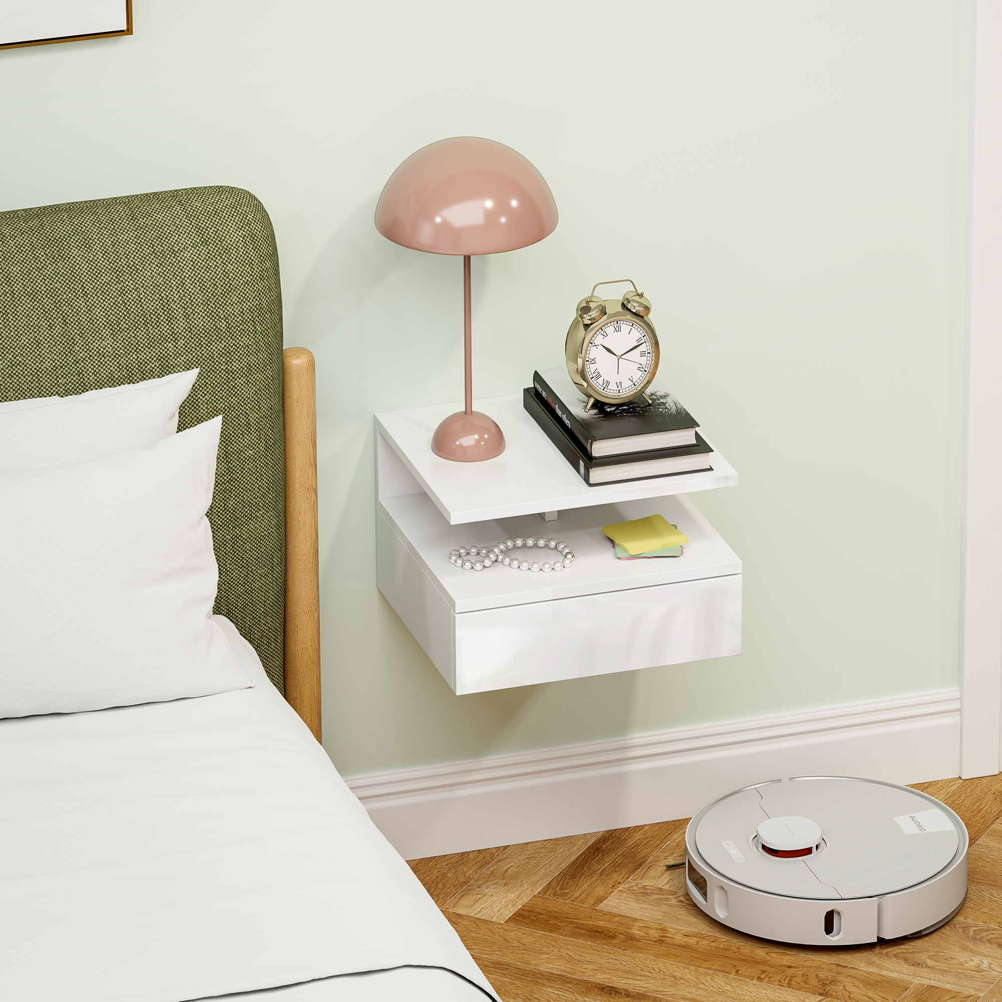  Noptiera Suspendata pentru Dormitor cu Sertar si Raft Deschis din Lemn, 35x32x22.5 cm, Alb [8]