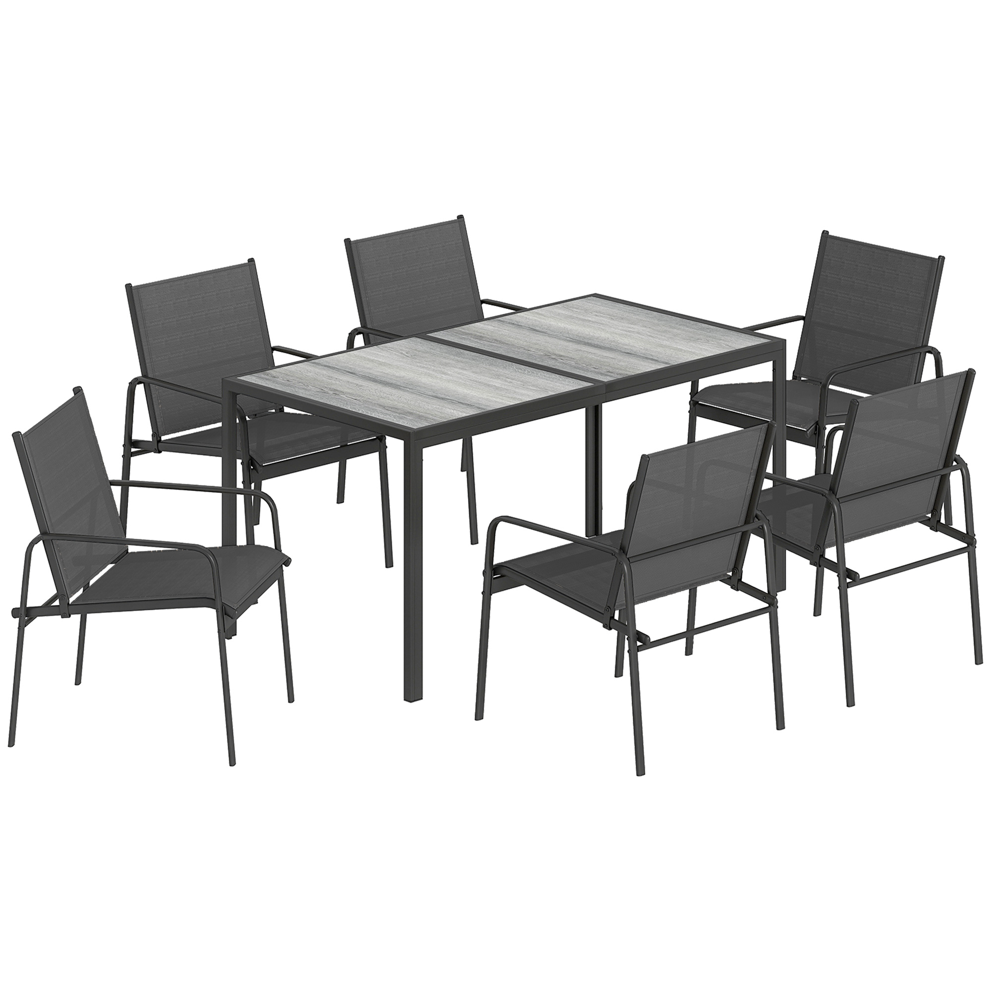 Gradina & balcon -  Set de Pranz pentru Exterior, 7 Piese pentru 6 Persoane, Masa cu Efect de Lemn si Scaune cu sezut Respirabil, Set Mobilier de Gradina cu Cadru din Otel Galvanizat, Negru