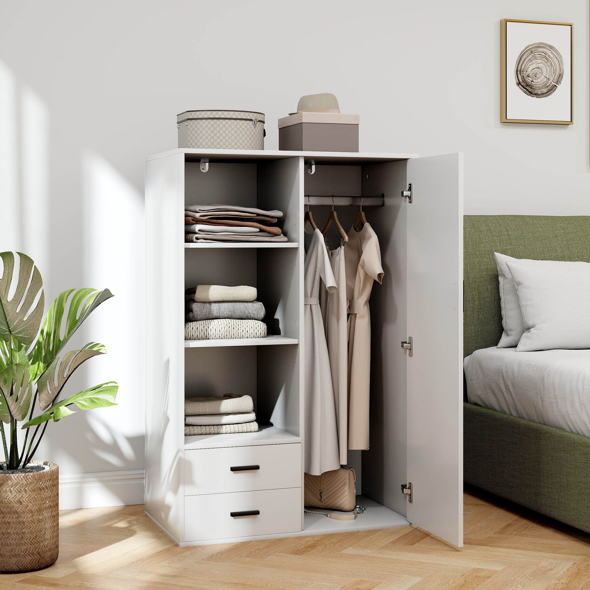  Dulap Modern cu 2 Sertare, Rafturi Deschise si Suport pentru Haine Alb [8]