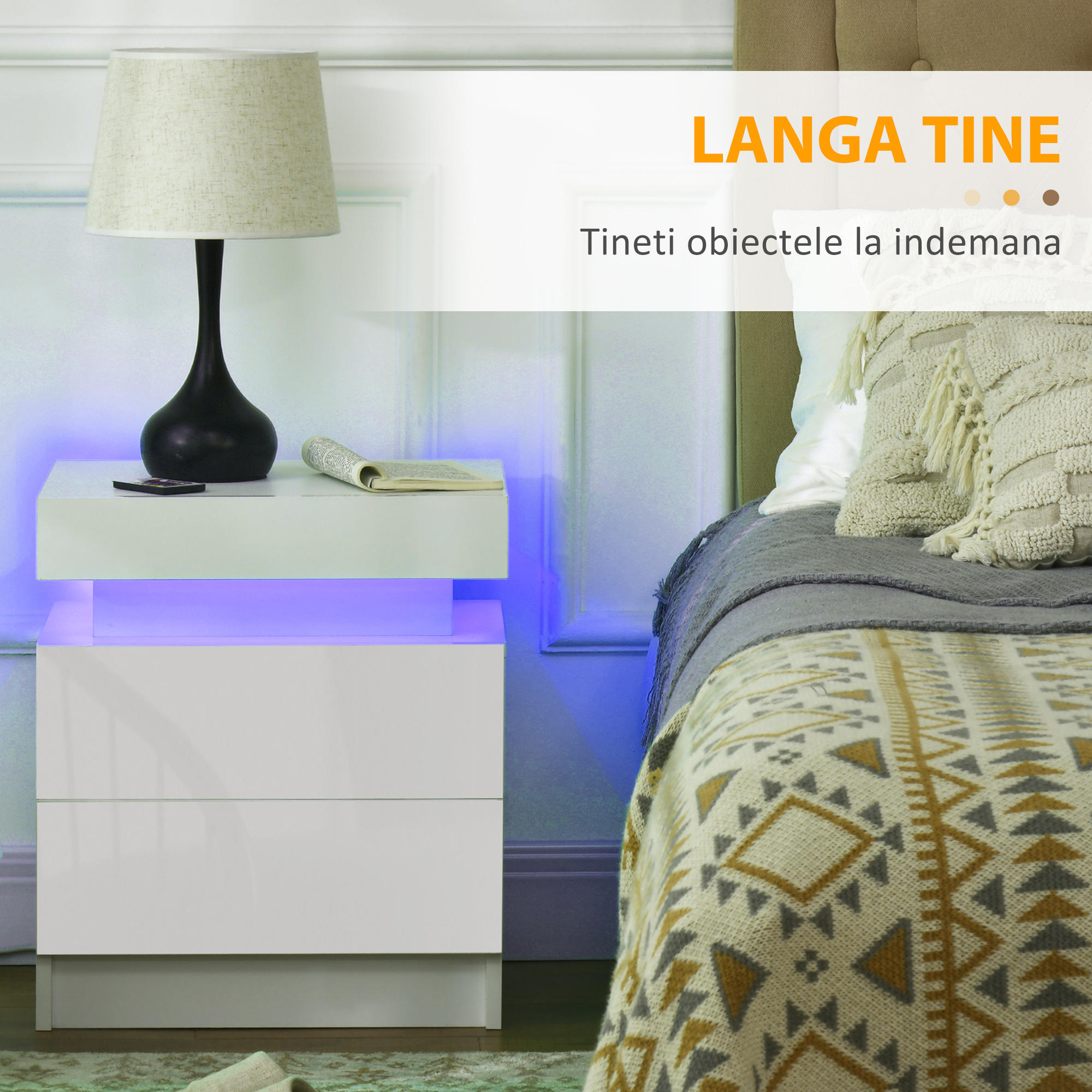 Noptiera alba  cu lumina LED RGB, noptiera frontala lucioasa cu 2 sertare, pentru camera de zi, dormitor [4]