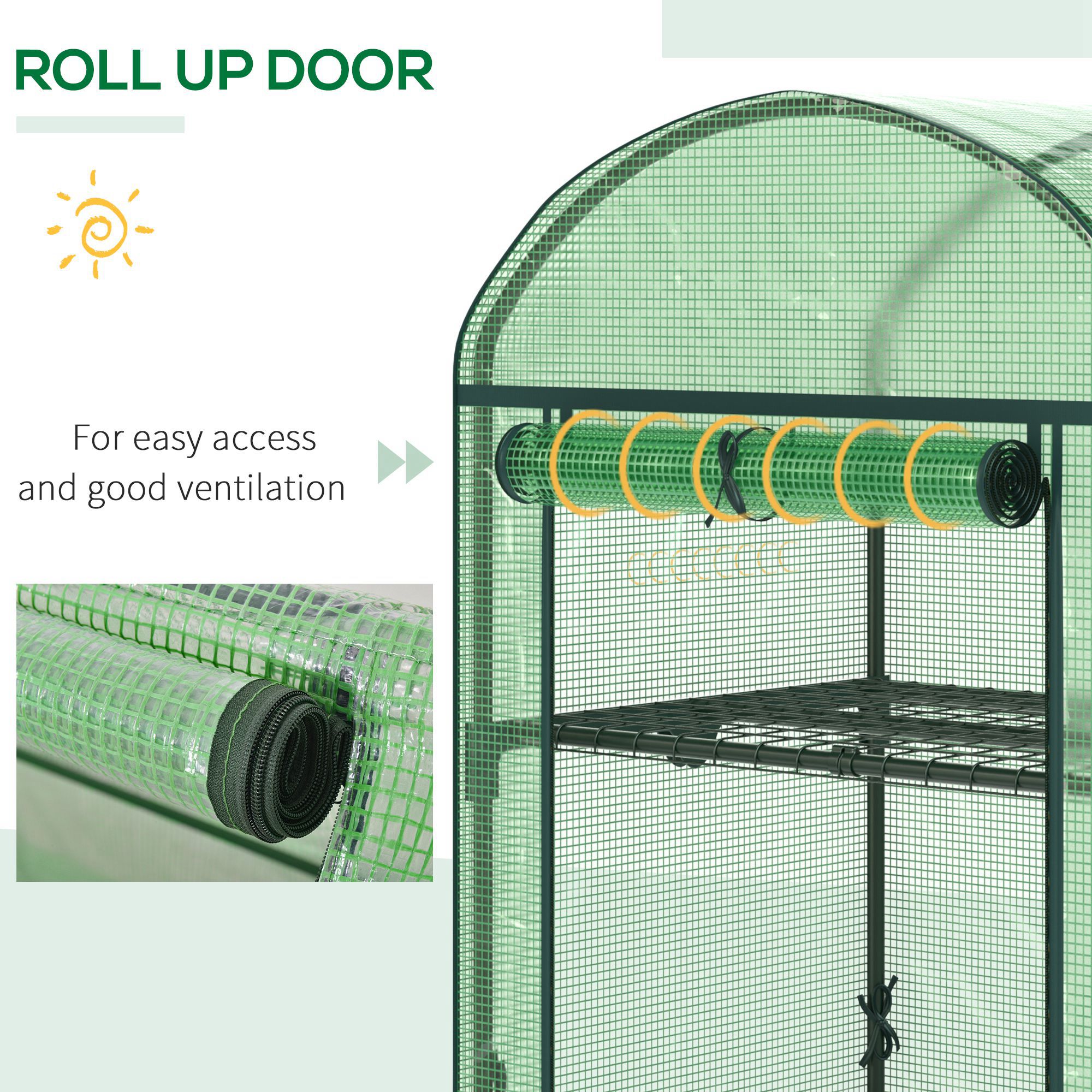  Mini Sera de Gradina cu 2 Rafturi Metalice si Acoperis PE, Sera Compacta pentru Balcon si Terasa, 69x49x91 cm, Verde [4]