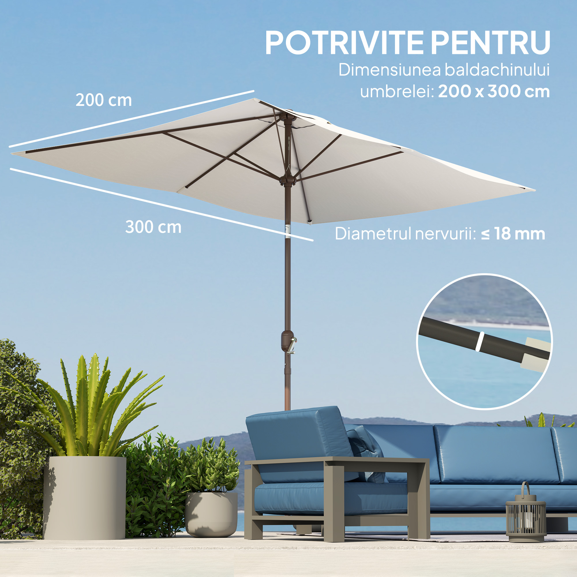  Panza de Schimb pentru Umbrela Dreptunghiulara 3x2 m cu 6 Spite, Poliester Anti-UV 50+, Bej [4]