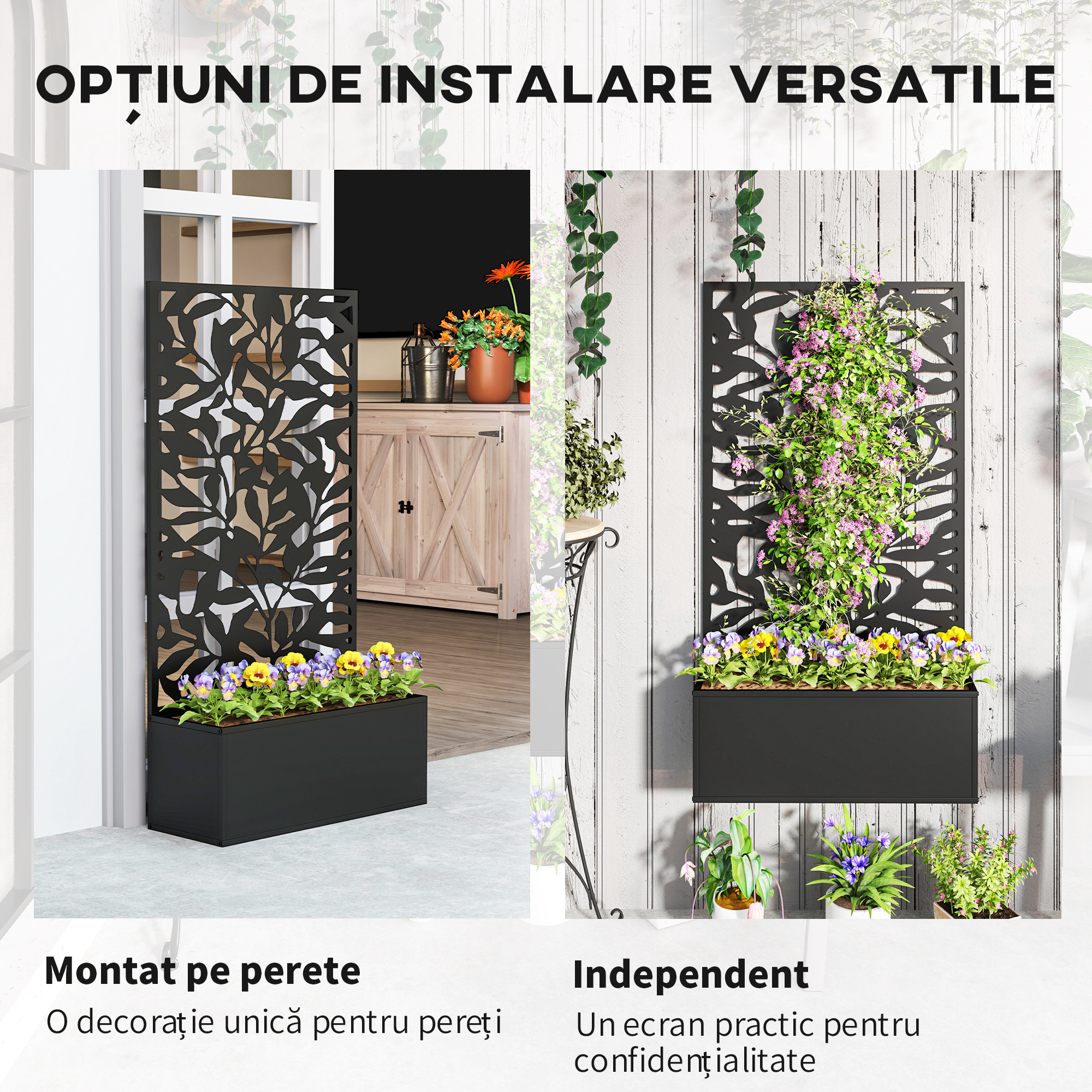  Ghiveci cu spallier pentru plante cataratoare din otel, montare pe perete sau pe podea, 61x23x113 cm, negru [4]