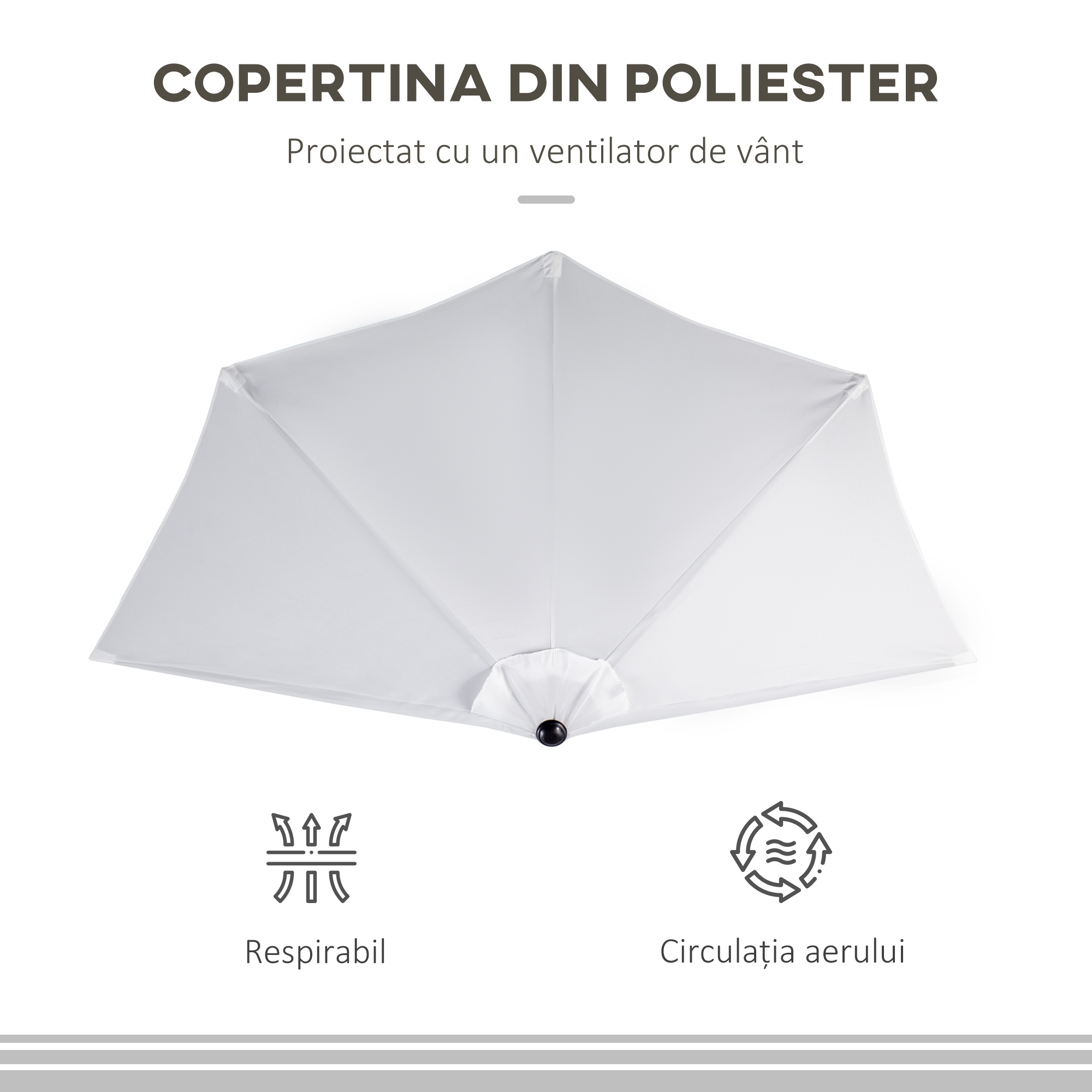  Umbrela de Terasa in Forma de Semiluna cu Deschidere cu Manivela si Stalp in 2 Sectiuni, 2,6x1,35 m, Alba [6]